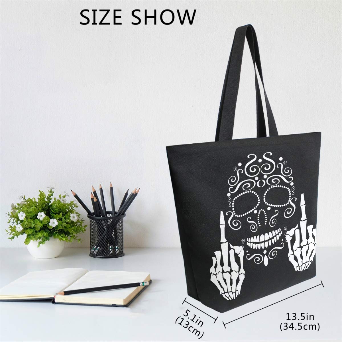 Floral Skull Canvas Tote Bag for Women - Large Black & White Cotton Shoulder Bag, Durable Reusable Grocery Shopping Tote - Perfect for Beach, Market, Travel & Everyday Use