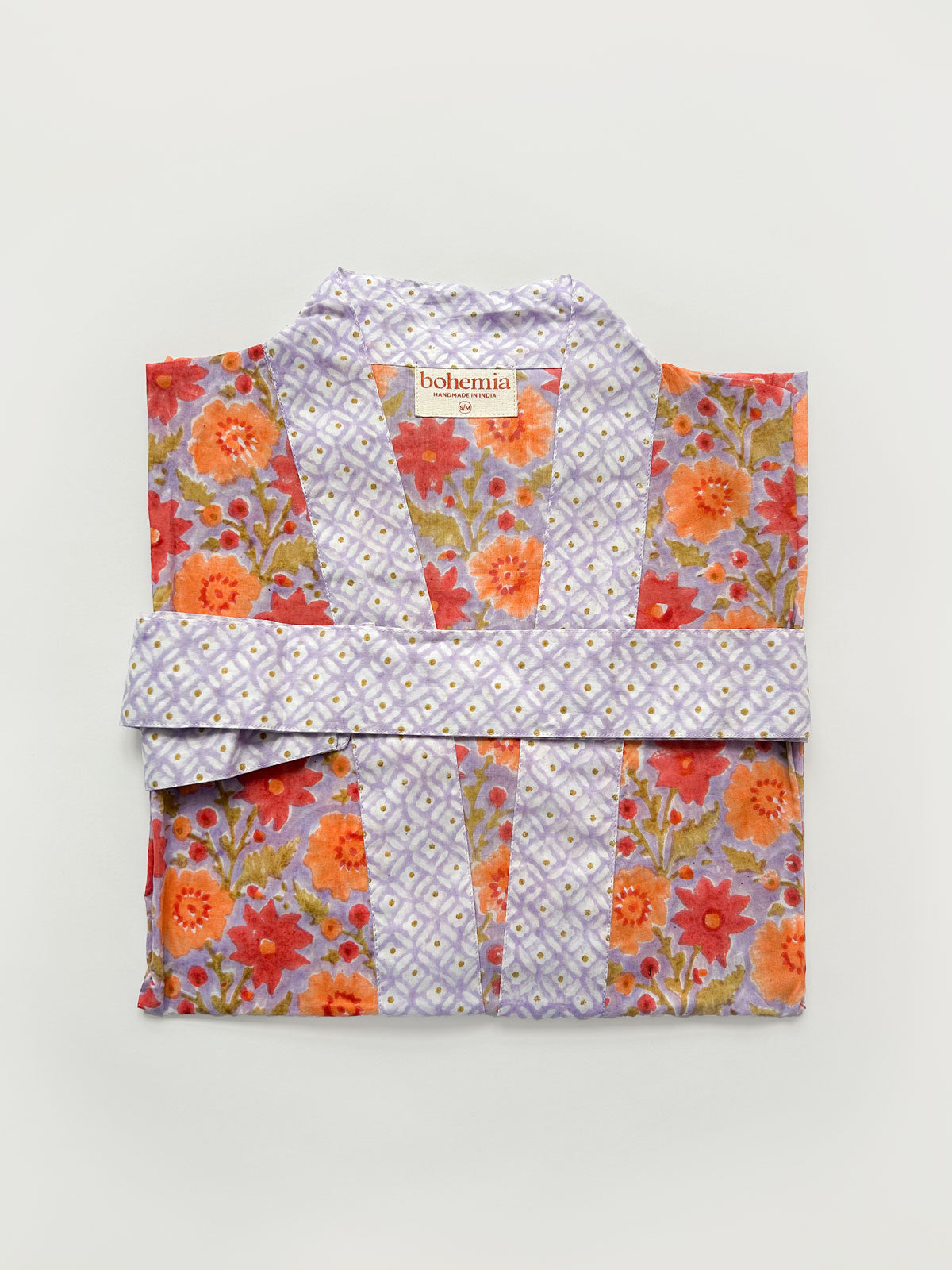 Handmade Block Print Cotton Robe - Soft Lilac Floral Kimono for Women | Perfect for Spa, Beach Cover-Up & Lounge Wear