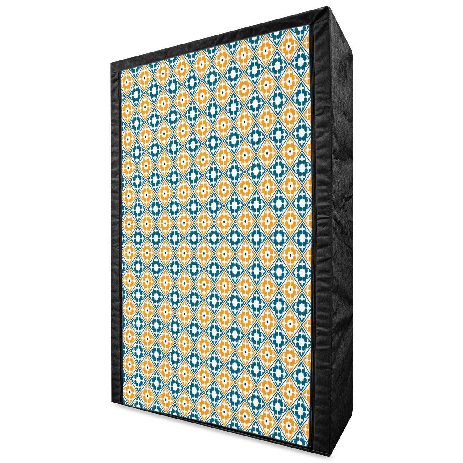 Ambesonne Moroccan Portable Fabric Wardrobe - Spanish Portuguese Azulejo Inspired Abstract Leaf Pattern Clothing Organizer with Shelves, 42.5 Inch, Teal Marigold White - Perfect for Bedroom Closet Storage, Guest Room Organization, and Small Space Living Solutions