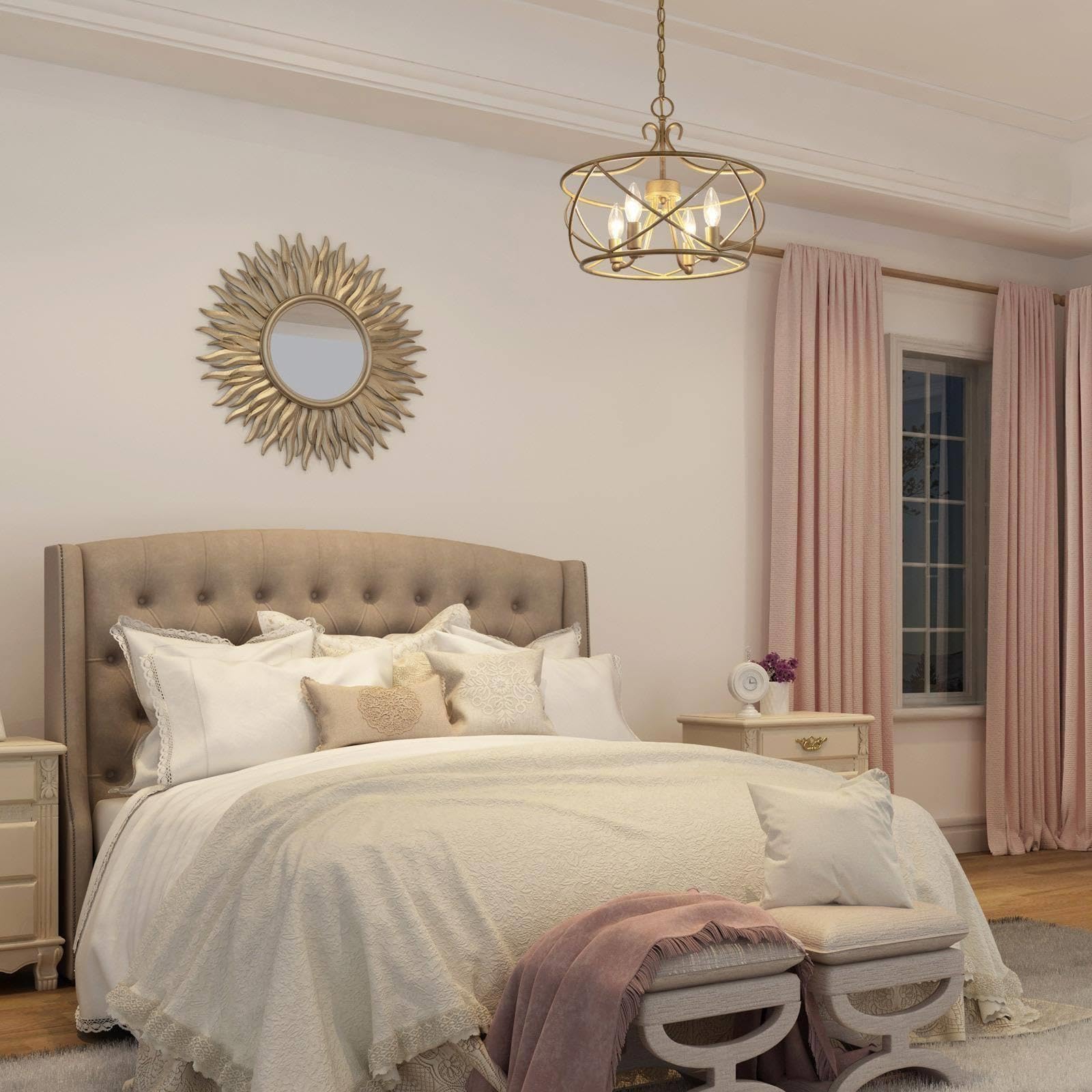 KSANA Antique Gold Chandelier - Modern Drum Ceiling Light Fixture for Dining Room, Living Room, Bedroom, Foyer & Kitchen | Elegant Lighting for Home Decor & Interior Design