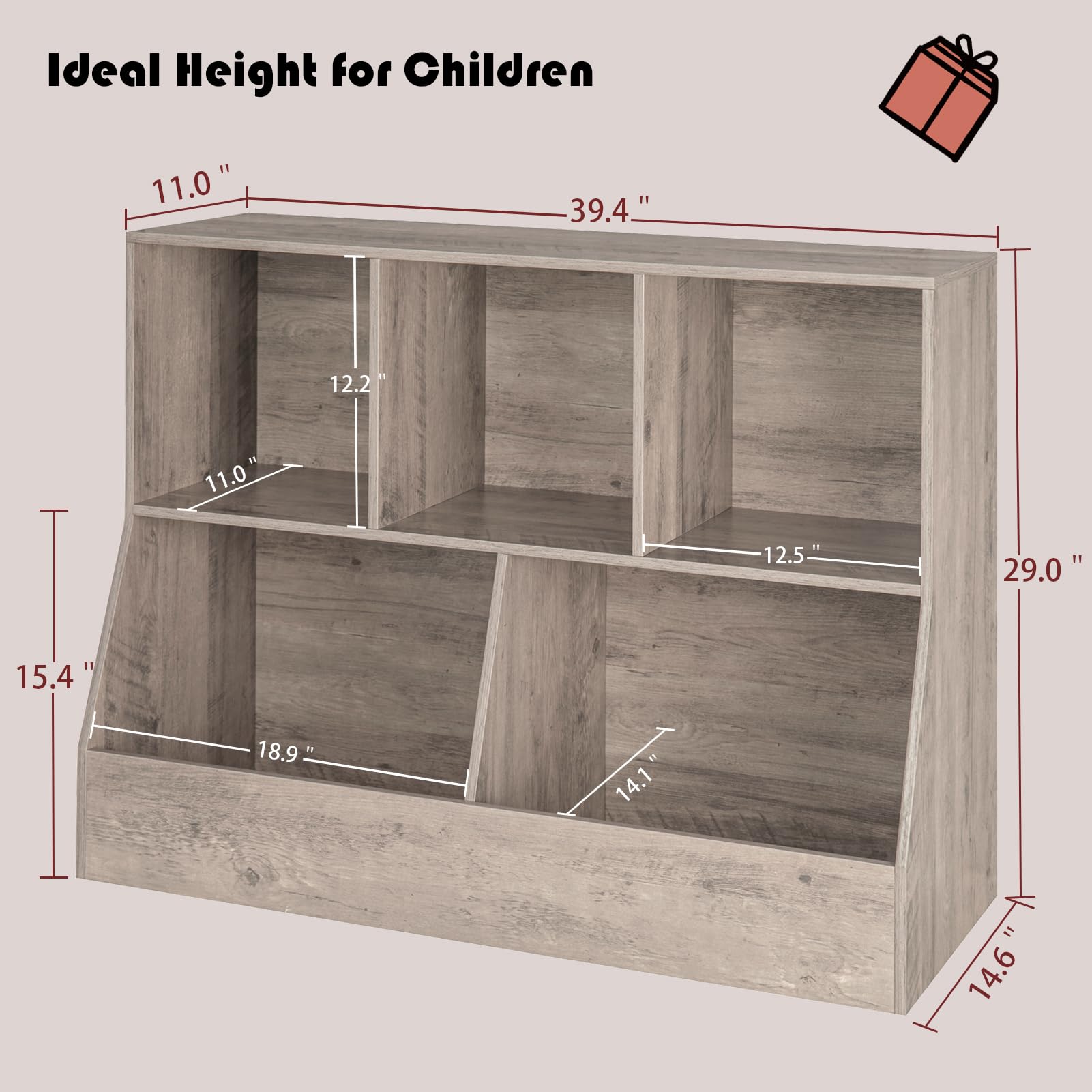 DINZI LVJ Kids Wooden Toy Storage Organizer & Bookshelf - 5 Cubby Bookcase for Playroom, Bedroom, Nursery - 39.4