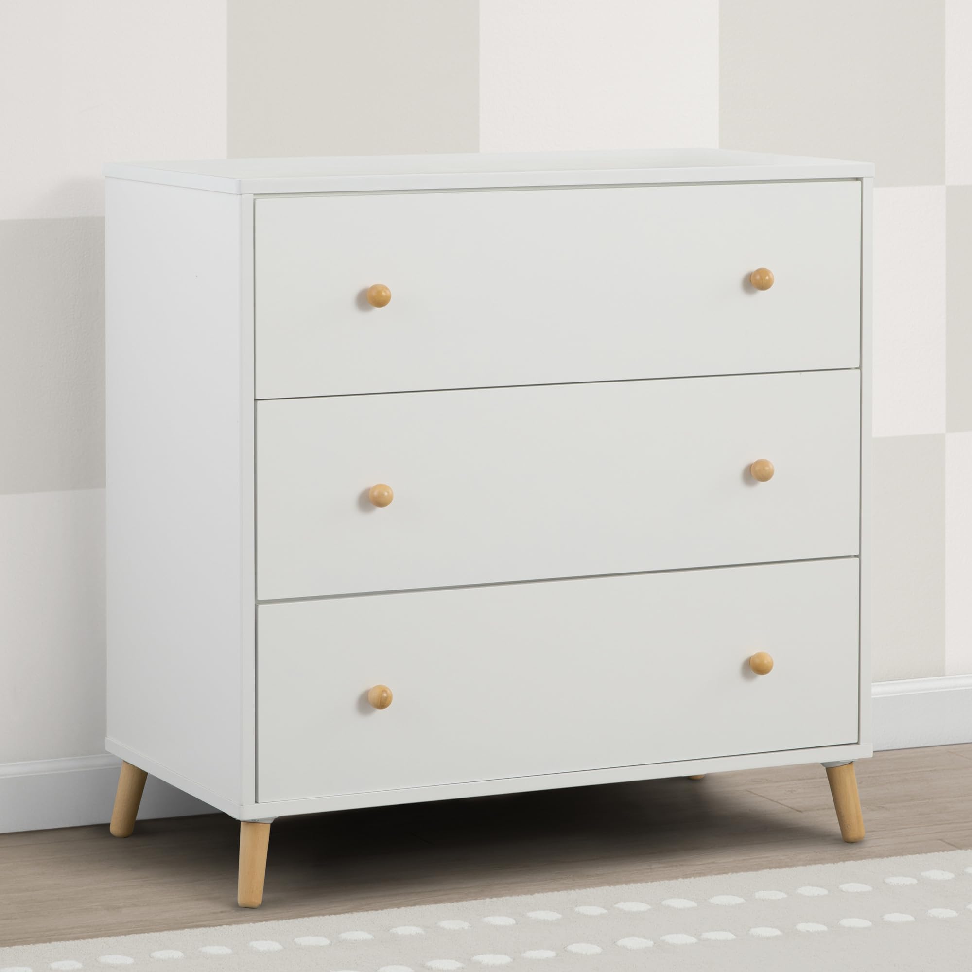 Delta Children Essex 3-Drawer Dresser with Interlocking Drawers, Bianca White/Natural - Sturdy Nursery Dresser for Baby Clothes & Essentials, Perfect for Kids' Bedroom Organization
