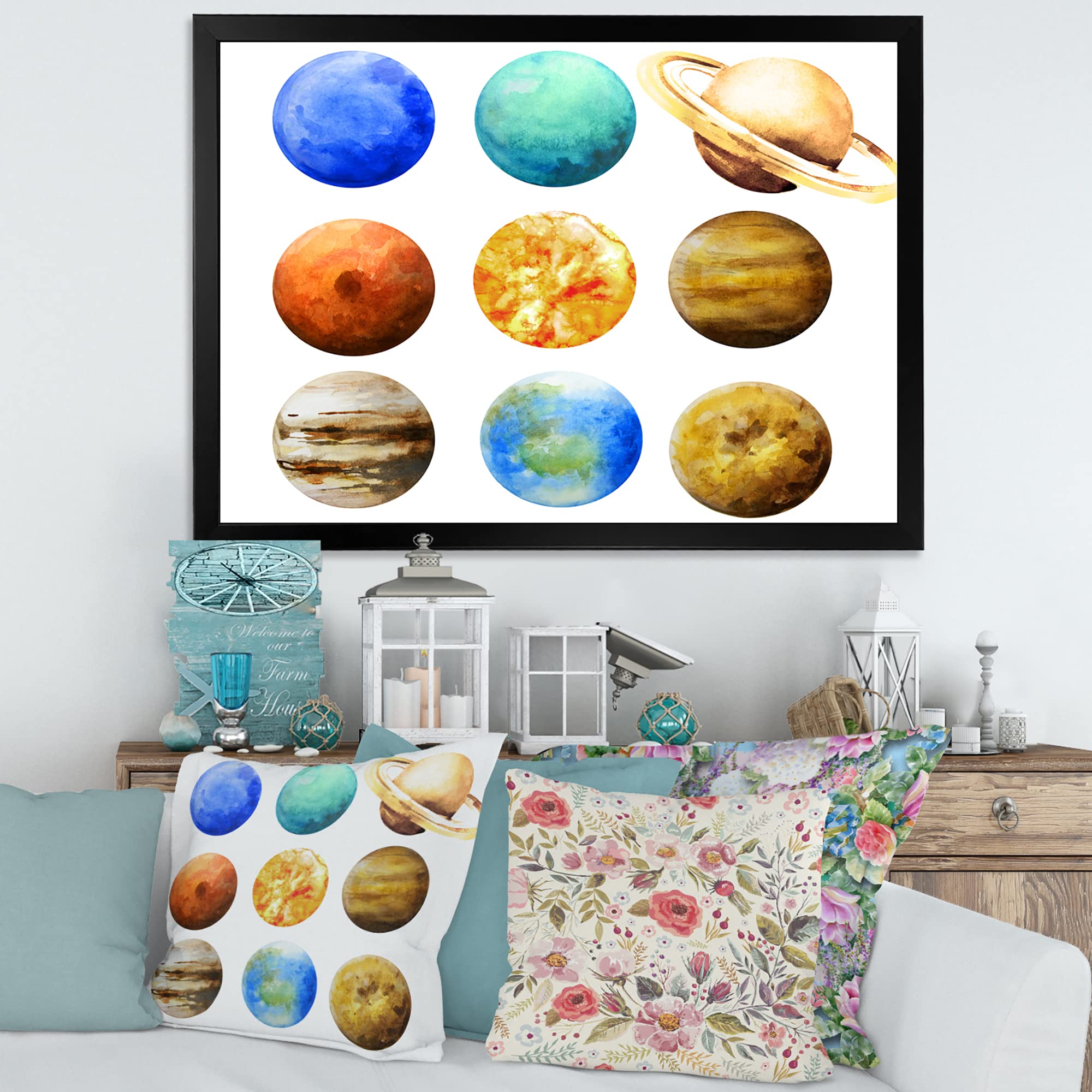DesignQ Various Planets in Orbit Modern Framed Wall Art - Solar System Decor for Living Room, Bedroom & Office Space