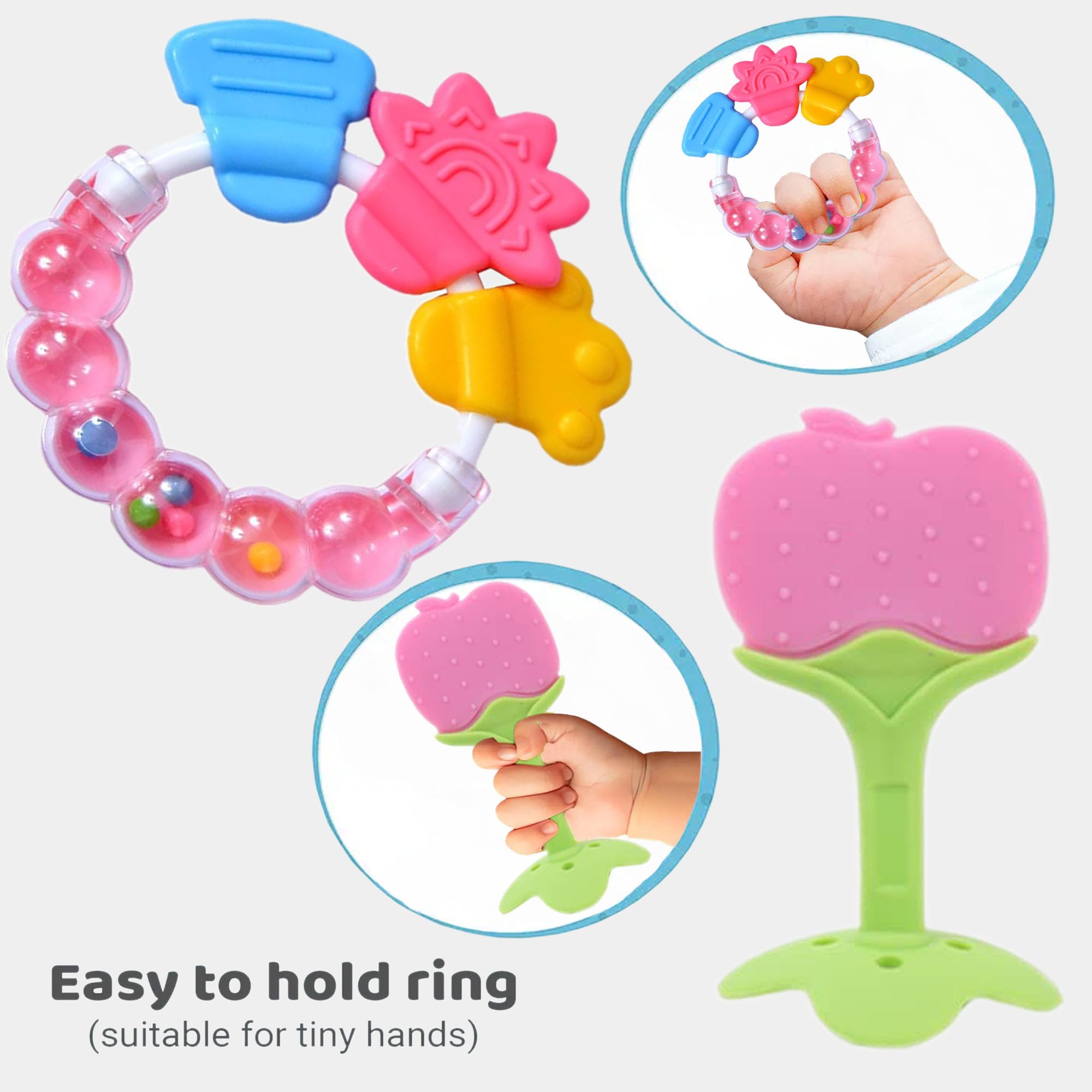 Kritiu Baby Silicone Giraffe Teether & Fruit Vegetable Nibbler Set - BPA Free Textured Teething Toys for Infants - Soothing Relief for Sore Gums - Perfect for Home, Travel & Daycare - Pink (2-Pack)