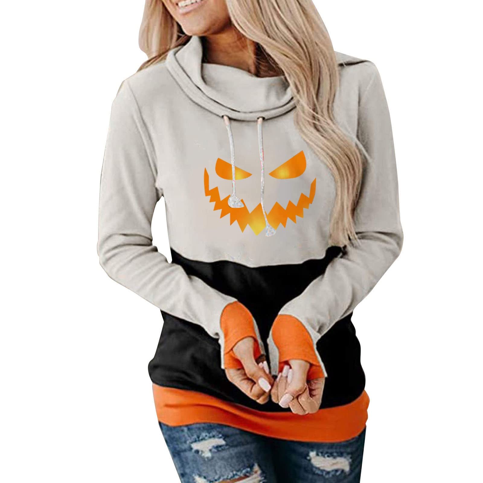 Women's Halloween Graphic Print Hoodie Jacket - Asymmetrical Round Neck Long Knit Pullover for Costume Parties & Fall Fashion