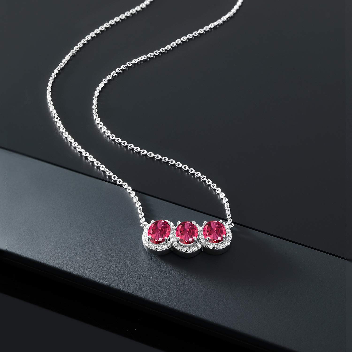 Gem Stone King 925 Sterling Silver Birthstone Necklace for Women | 3 Stone Oval Pendant (7x5mm) with 18