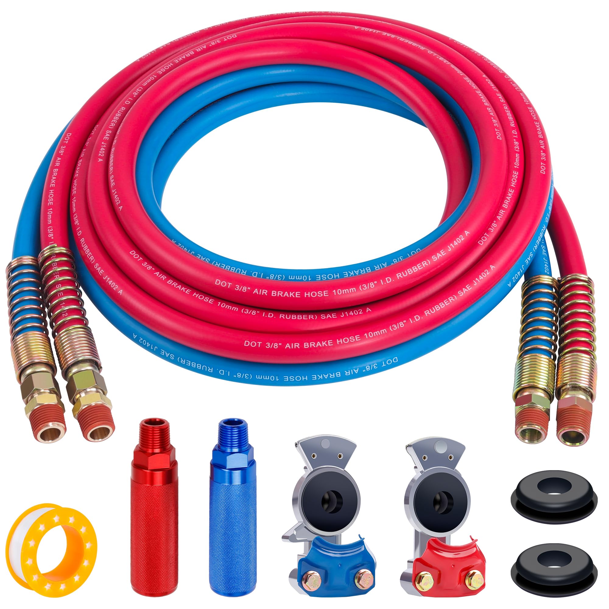 15FT Air Brake Line Hose Kit for Semi Trucks & Trailers - Durable Aluminum Extension Handles & Emergency Glad Hands - Color-Coded Rubber Air Brake Hose Assembly - Perfect for Tractor, Trailer & Heavy-Duty Vehicle Maintenance