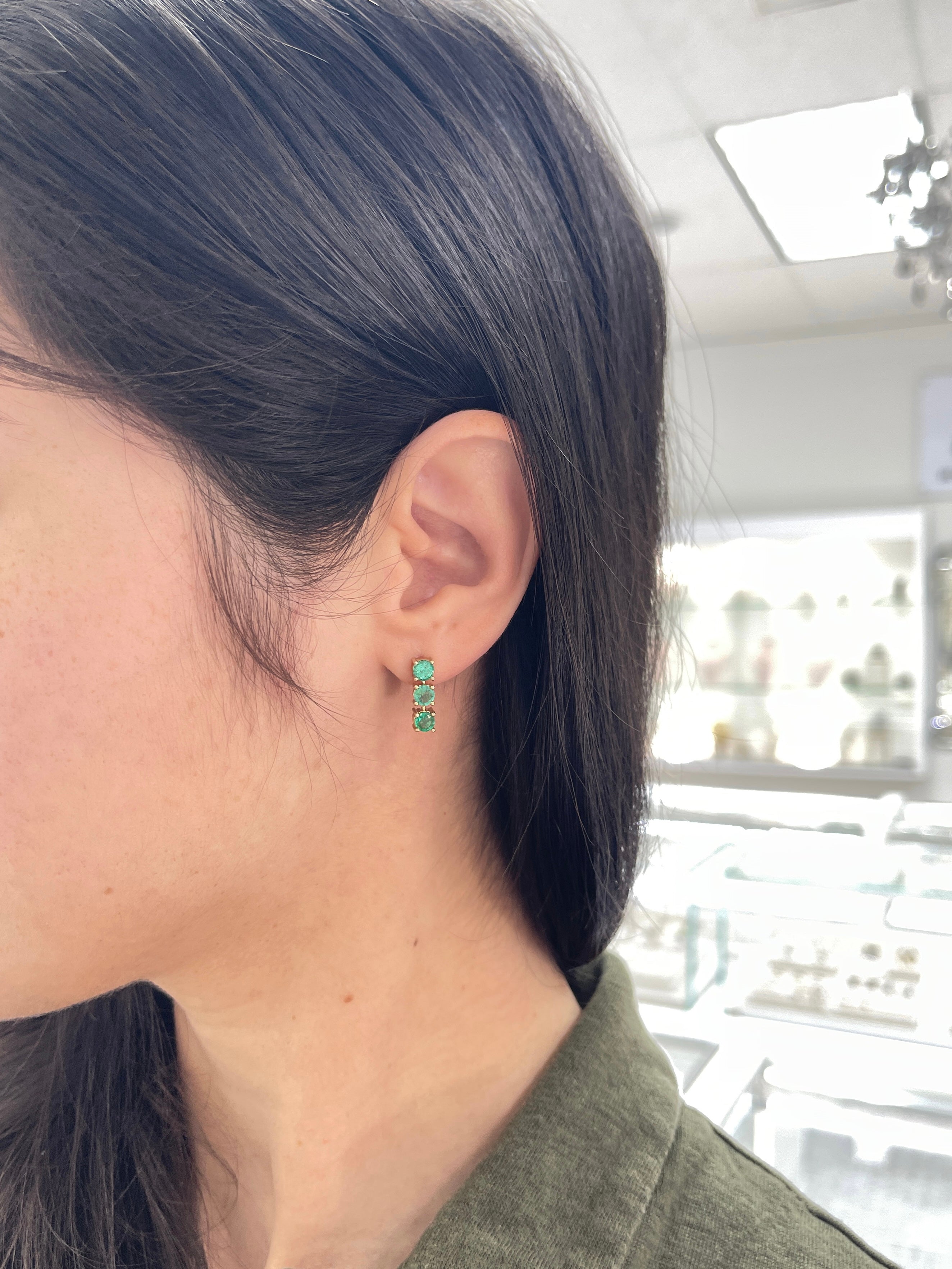 1.80TCW Natural Round Emerald Drop Earrings in 14K Yellow Gold - Lightweight Dangle Studs for Women - Perfect for Weddings, Parties & Special Occasions