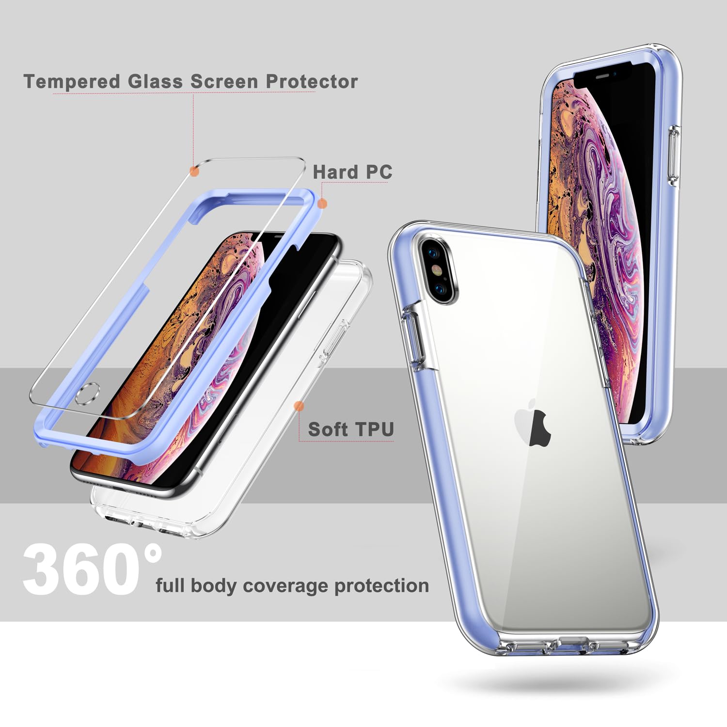 COOLQO iPhone Xs Max Case 6.5 Inch with 2 Tempered Glass Screen Protectors - Clear 360° Full Body Protection Shockproof Silicone Phone Cover (Purple) - Perfect for Everyday Use, Travel & Outdoor Activities