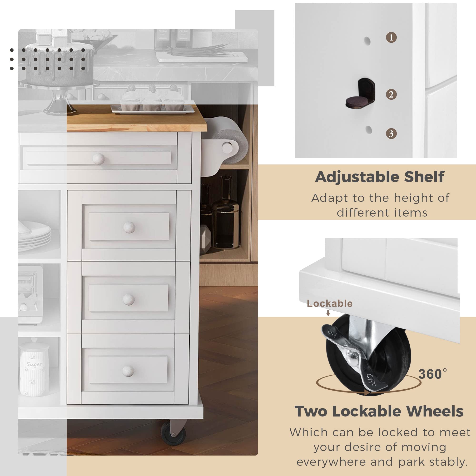 White Kitchen Island Cart with Wheels - 5 Drawers & Shelves for Kitchen & Living Room Storage