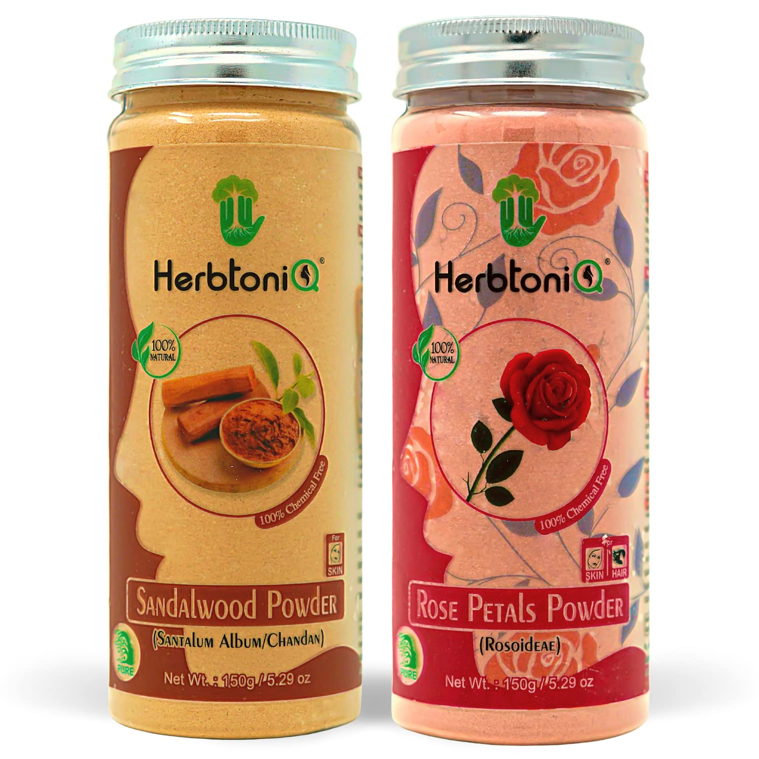 HERBTONIQ 100% Natural Sandalwood & Rose Petals Face & Hair Pack (150g + 150g) - Organic Skincare for Glowing Skin & Healthy Hair - Perfect for Spa Day & Self-Care Routine