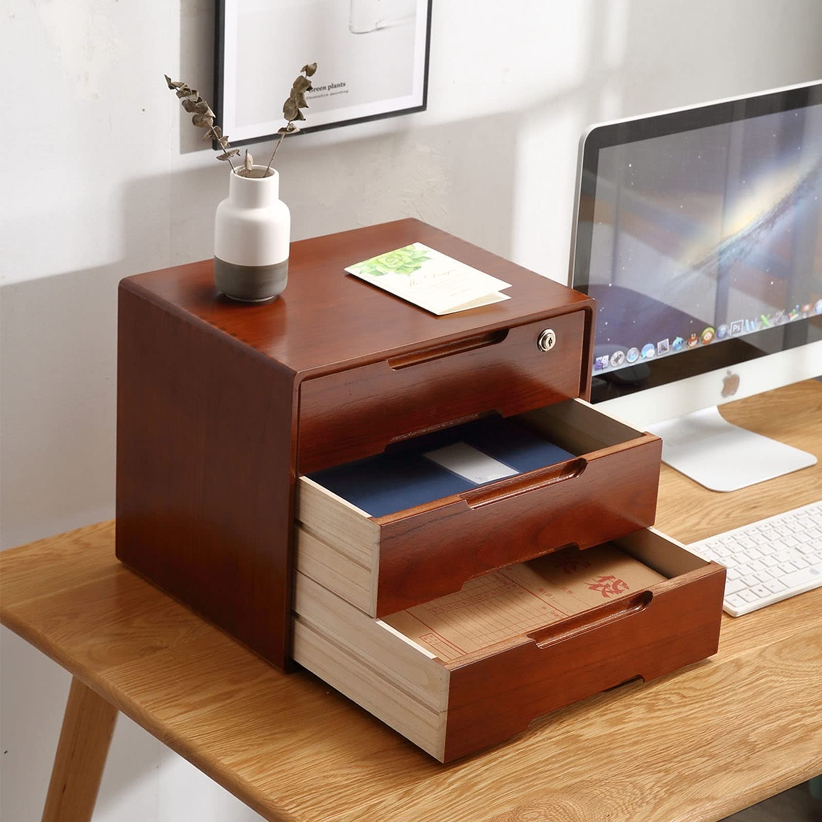 3-Layer Solid Wood Drawer Desktop Storage Cabinet - A4 File Organizer with Lock for Office Supplies & Stationery | Perfect for Home, Office & School Organization (Color: A)