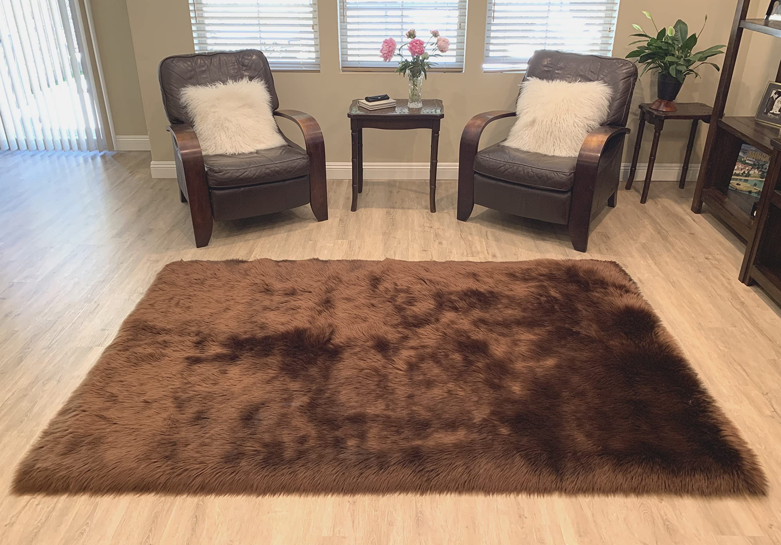 LAMBZY Faux Sheepskin Rug - Super Soft Hypoallergenic Shaggy Carpet for Living Room, Bedroom, Nursery | Plush & Silky Texture | 5x8 Feet Brown Area Rug | Perfect for Cozy Home Decor, Kids Play Area & Sofa Accent