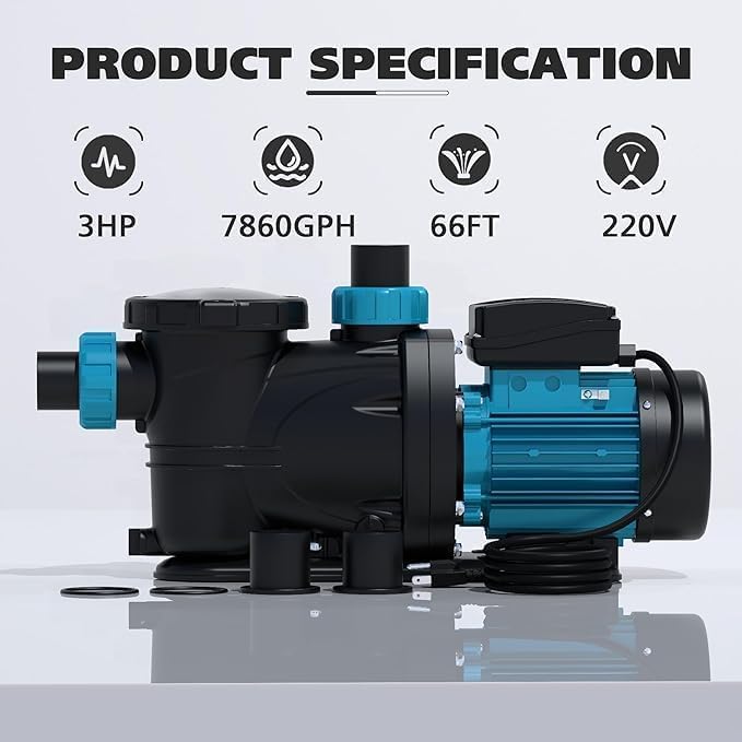 3HP 220V In-Ground & Above Ground Pool Pump - 7860 GPH High Flow Swimming Pool Water Pump for Efficient Filtration and Circulation | Perfect for Backyard Pools, Spas, and Water Features