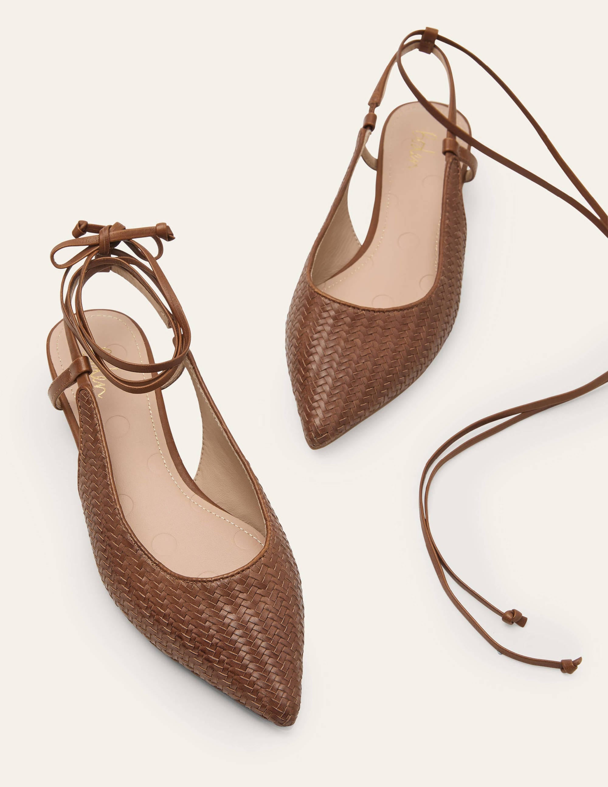 Elegant Tan Woven Ankle Tie Pointed Flats | Comfortable Women's Dress Shoes for Office, Party & Wedding Occasions