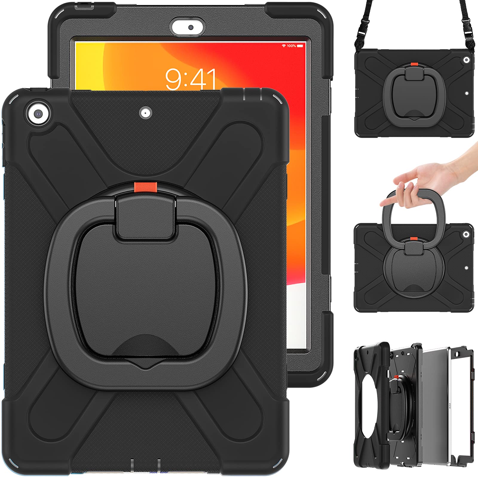 Durable 3-Layer iPad 9th/8th/7th Generation Case (10.2 Inch) with Crossbody Strap & Carrying Bag - Black | Protective Cover for School, Work, Travel & Daily Commute