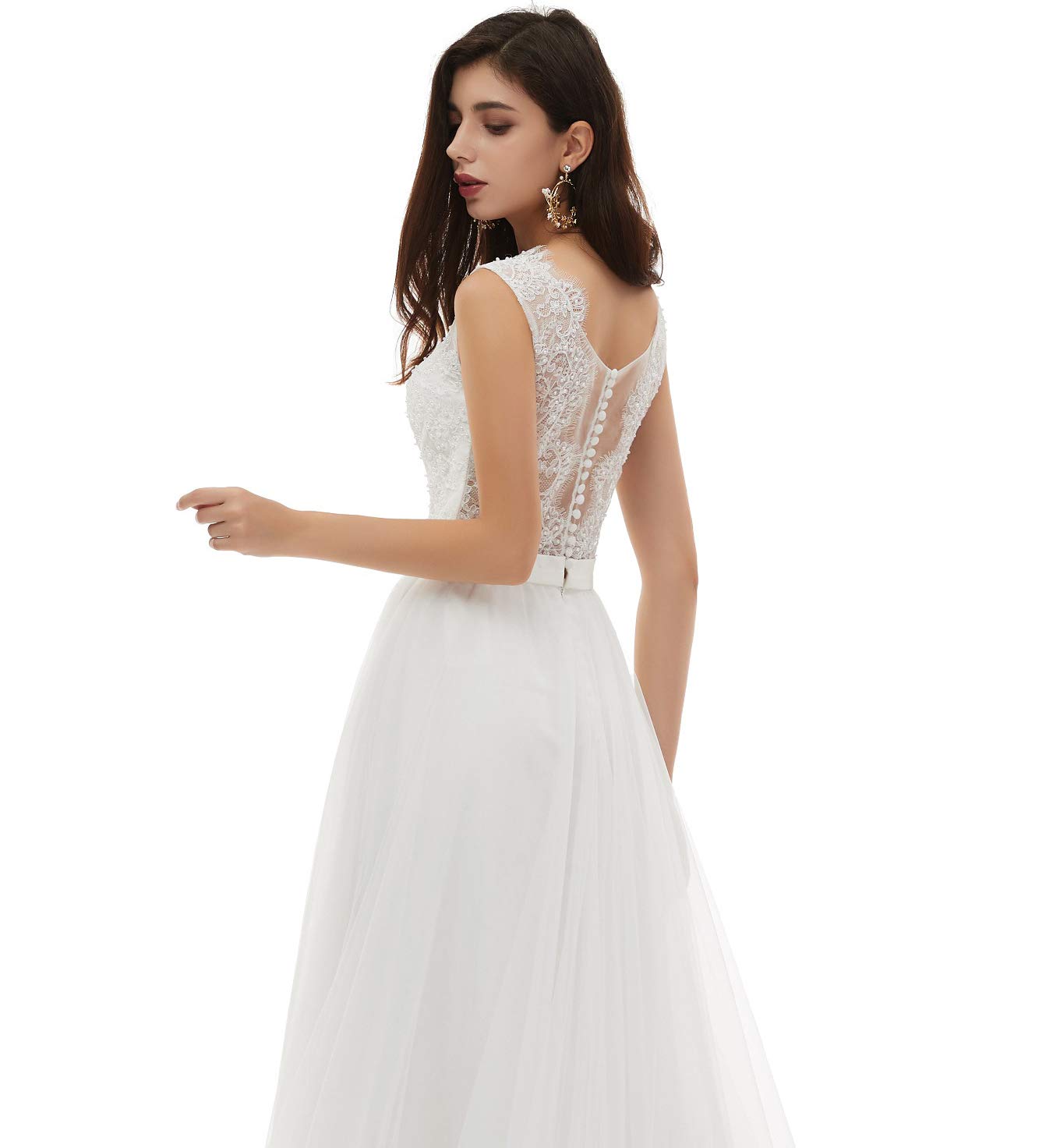 Elegant Women's V-Neck A-Line Lace Tulle Beach Wedding Dress for Bride - Perfect for Beach Ceremonies, Destination Weddings & Romantic Photoshoots