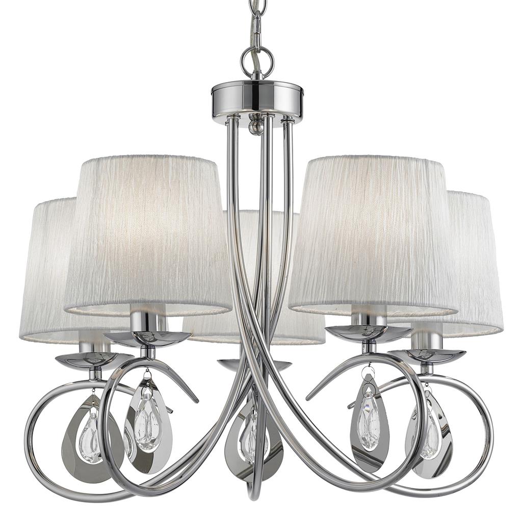 Angelique 5Lt Multi-Arm Pendant Light Fixture - Chrome Finish with Clear Glass Shades & White Fabric - Perfect for Dining Room, Living Room, and Bedroom Lighting
