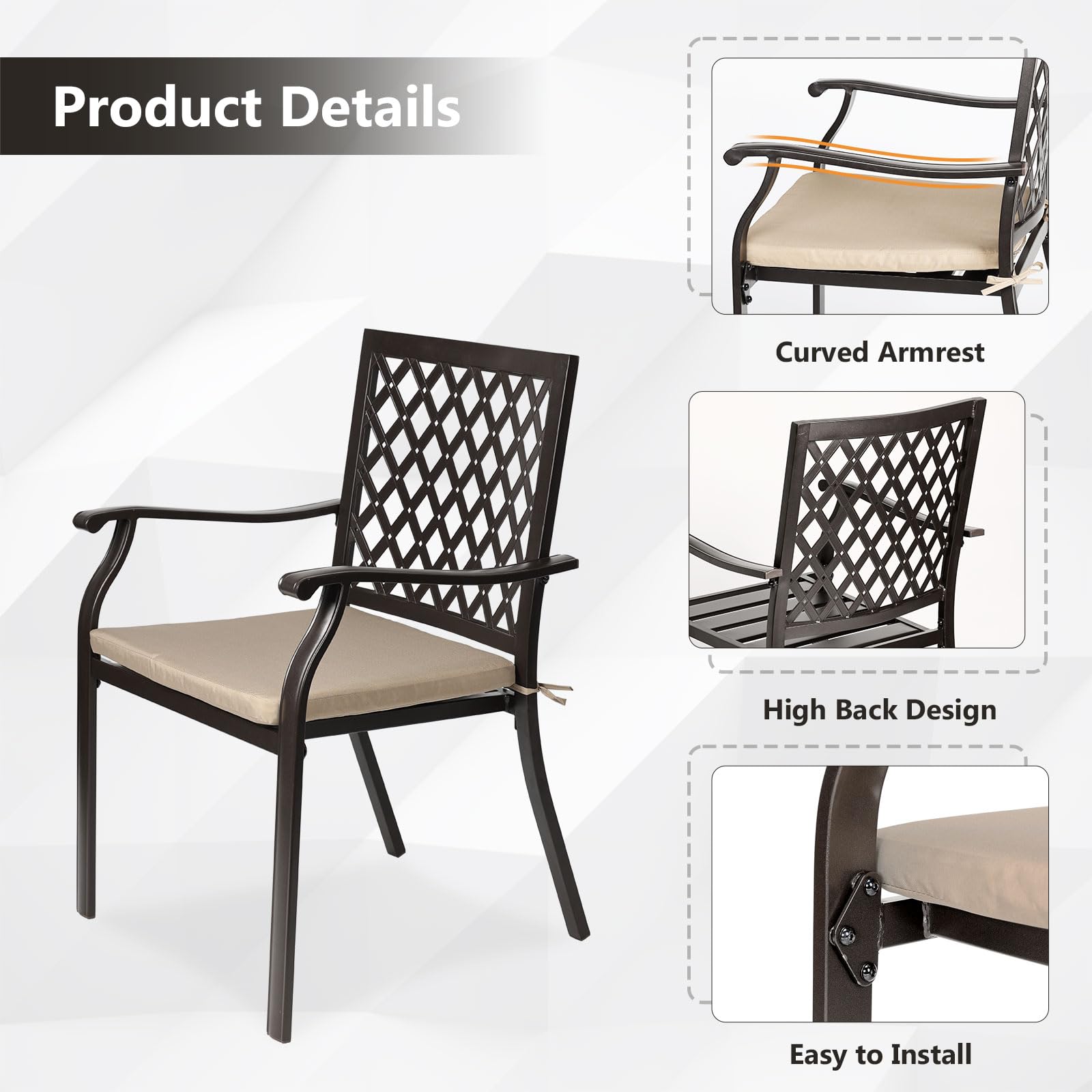 Aoodor 4-Piece Outdoor Stackable Metal Dining Chairs Set with Comfortable Strapped Seat Cushions - Weather-Resistant Patio Furniture for Garden, Backyard, Poolside & Courtyard Dining