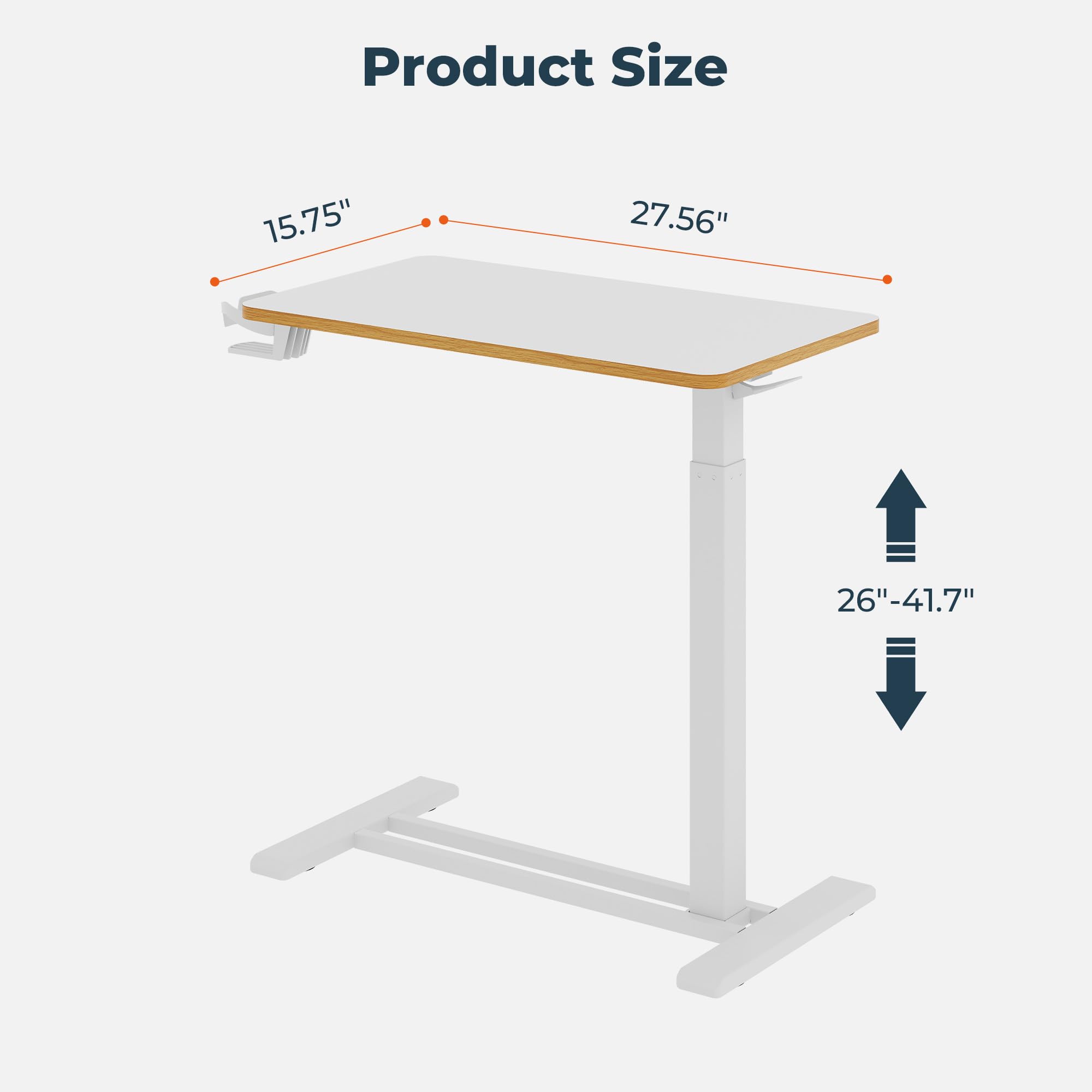 Adjustable Medical Overbed Table with Hidden Casters - Pneumatic Height Rolling Laptop Stand Desk with Tray for Home, Hospital & Nursing Care - Perfect for Patients, Students & Remote Workers (White)