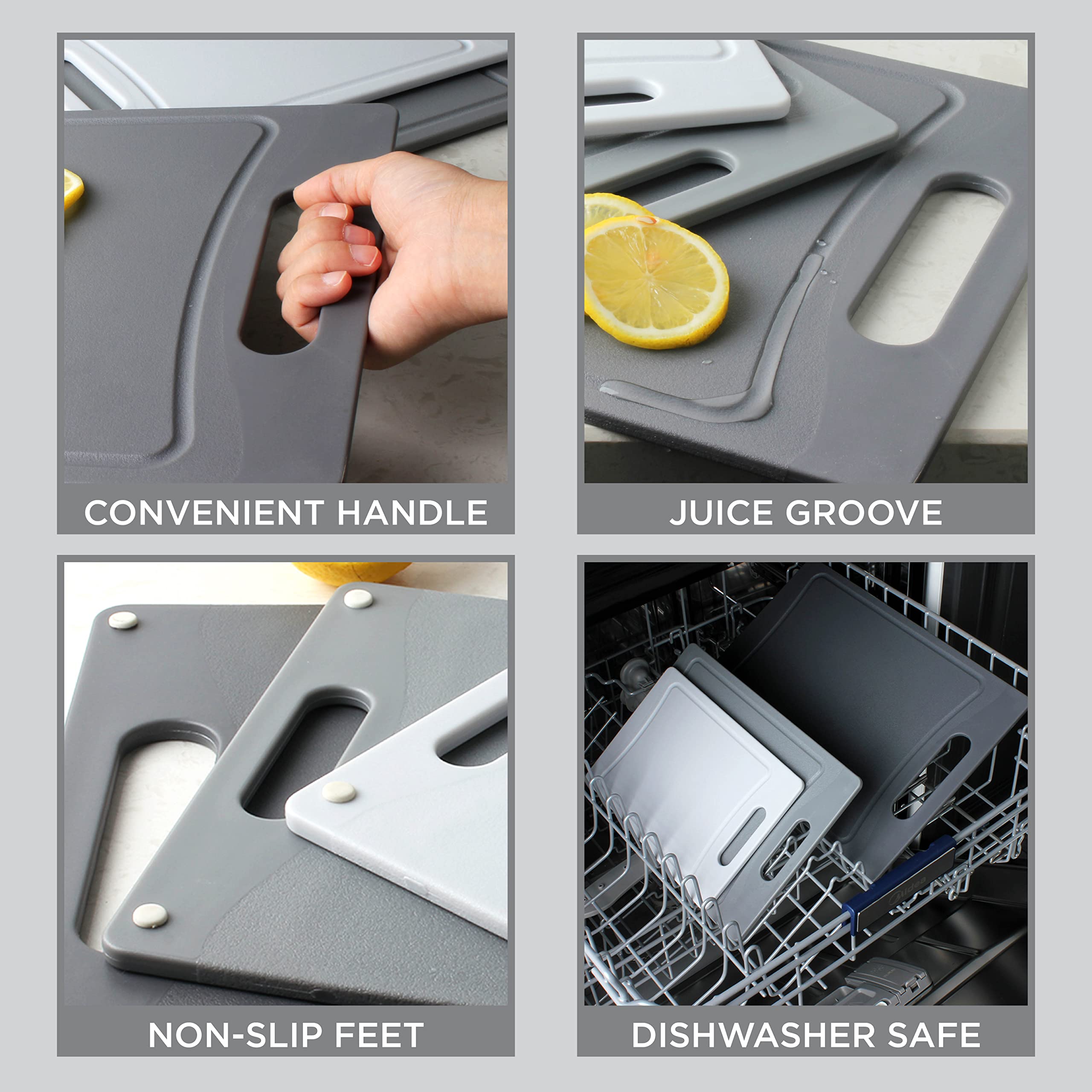 Non-Slip Cutting Board Set with Easy Grip Handle - 3 Durable Kitchen Cutting Boards for Meat, Vegetables & Fruits | Dishwasher Safe Gray Chopping Boards | Perfect for Meal Prep, Cooking & Food Presentation