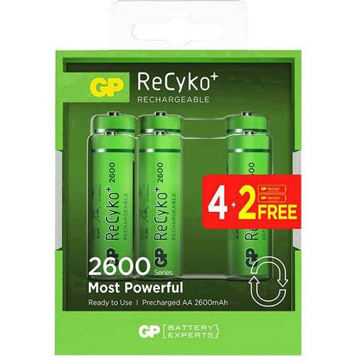 High-Capacity GP Rechargeable AA Batteries 2600mAh 4-Pack with 2 Free Bonus - Perfect for Cameras, Toys, and Electronic Devices