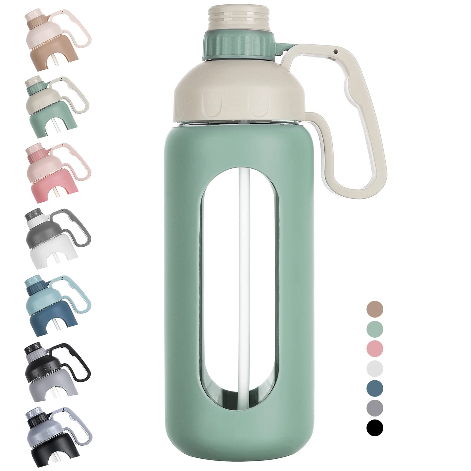 MUKOKO 56oz Glass Water Bottle with Straw & Handle - BPA Free Leakproof for Gym, Hiking, Office