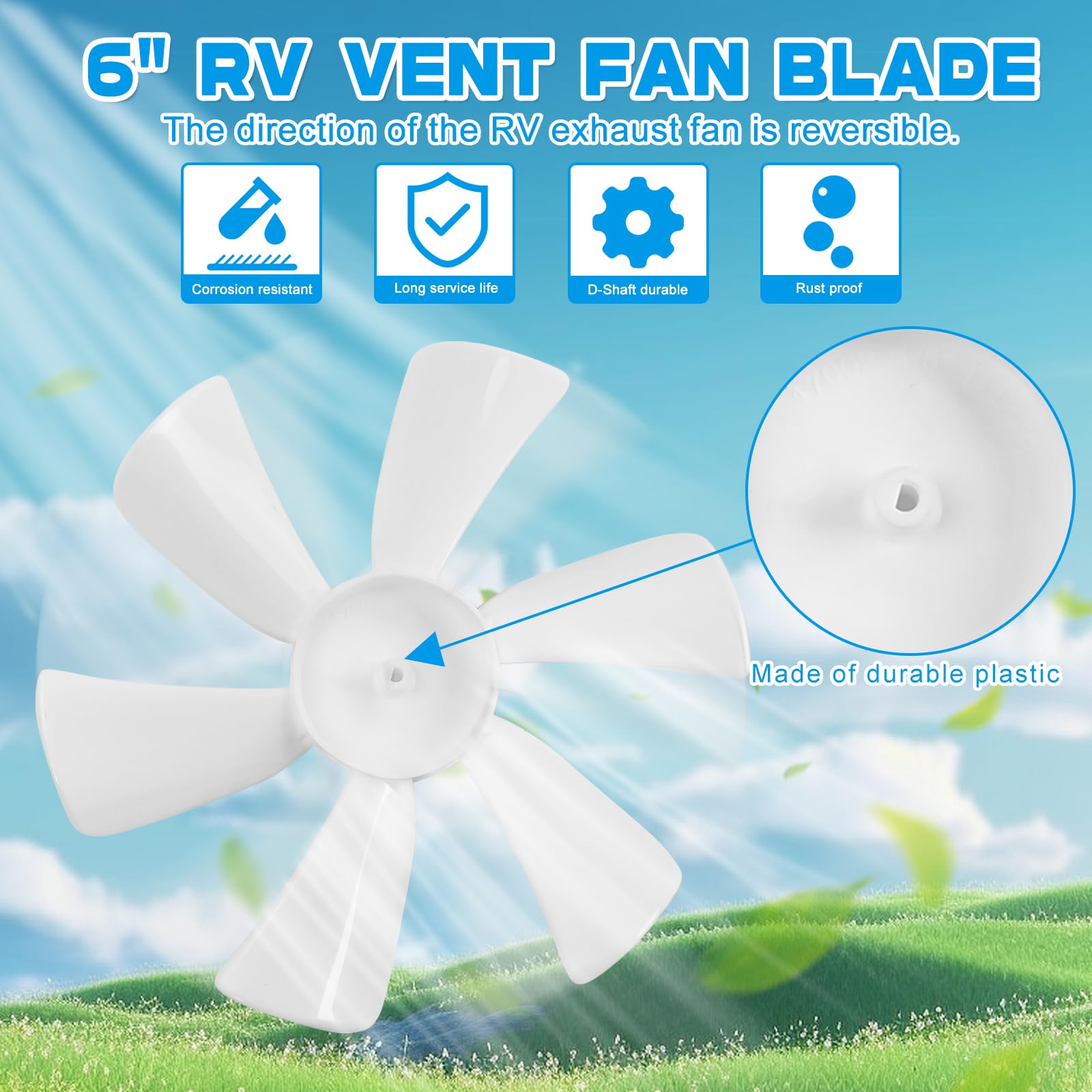 6 Inch RV Fan 12V D-Shaft Replacement - White Camper Fan Blade for Bathroom, Mobile Home & Motorhome | Quiet Cooling Solution for RV Bathrooms, Trailers and Campers