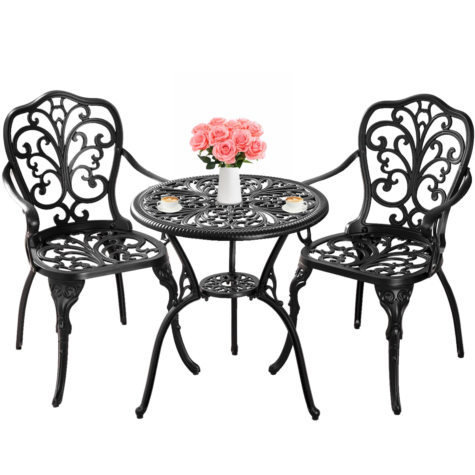 3-Piece Outdoor Bistro Set with 2 Chairs & Table - All-Weather Patio Furniture with Umbrella Hole - Black Garden Bistro Set for Backyard, Balcony or Poolside Dining