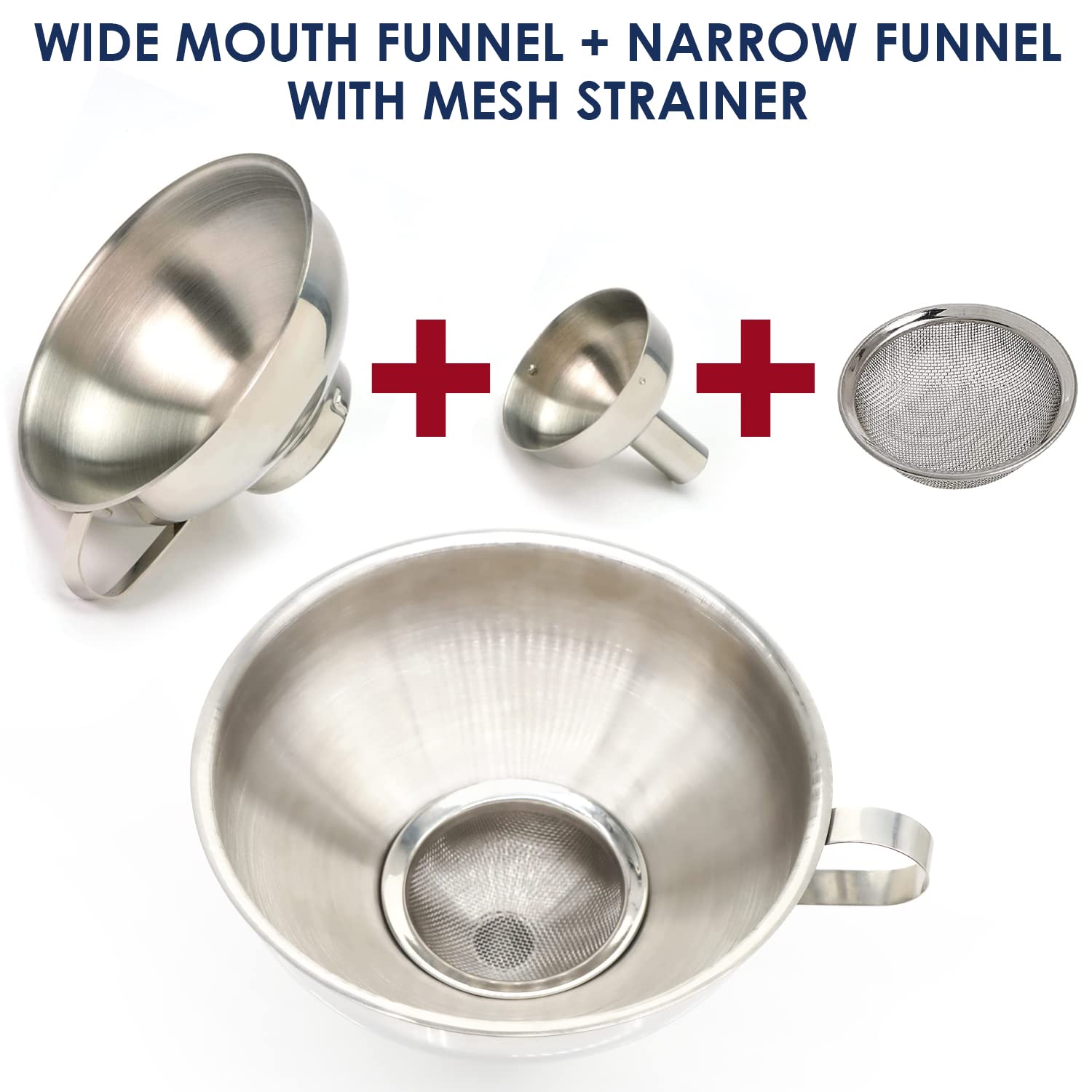 Premium Stainless Steel 4-Piece Funnel and Strainer Set - Wide & Narrow Mouth Canning Funnel for Mason Jars, Transferring Oils, Liquids, Dry Ingredients & Powder - Ideal for Home Canning, Cooking, Baking & DIY Projects