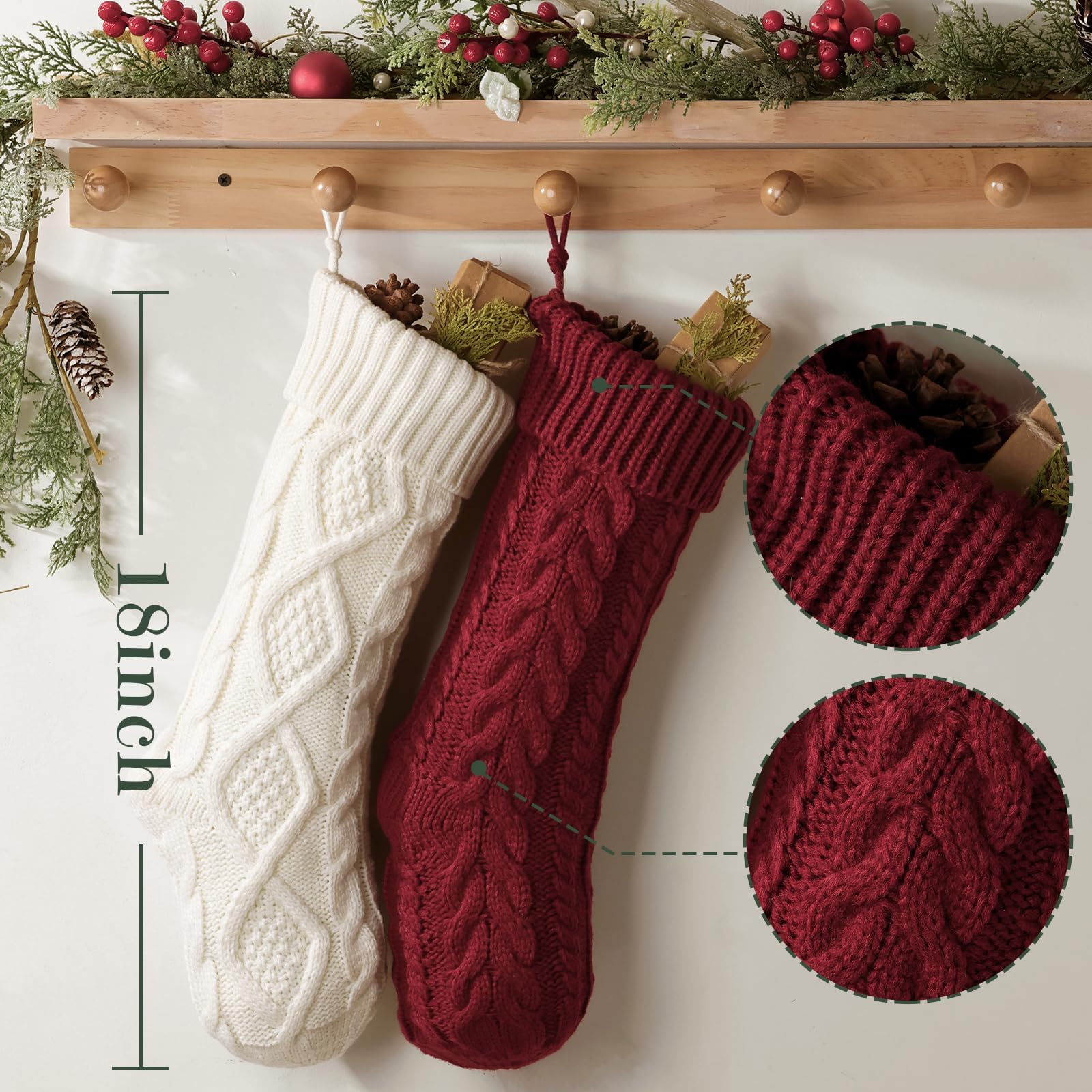 LimBridge Cable Knit Christmas Stockings - 4 Pack 18 Inch Large Knitted Holiday Stockings, Rustic Farmhouse Beige Boho Style Xmas Decor for Fireplace Mantel, Tree & Gift Exchange | Red, Green & White Holiday Decorations for Family & Festive Home Decor