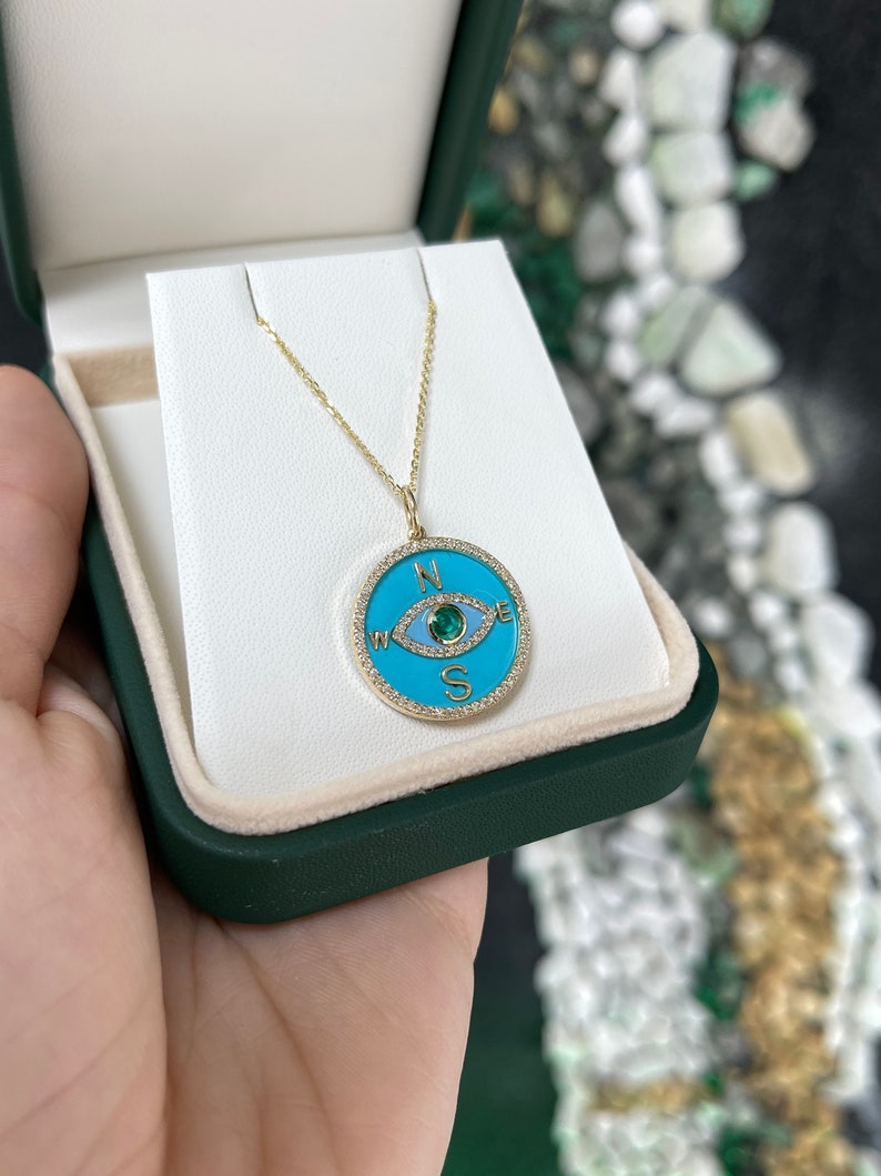 0.76tcw Natural Medium Dark Green Round Emerald & Diamond Turquoise Compass Evil Eye Pendant in 14K Gold - Spiritual Protection Jewelry for Women, Gift for Travelers & Adventurers