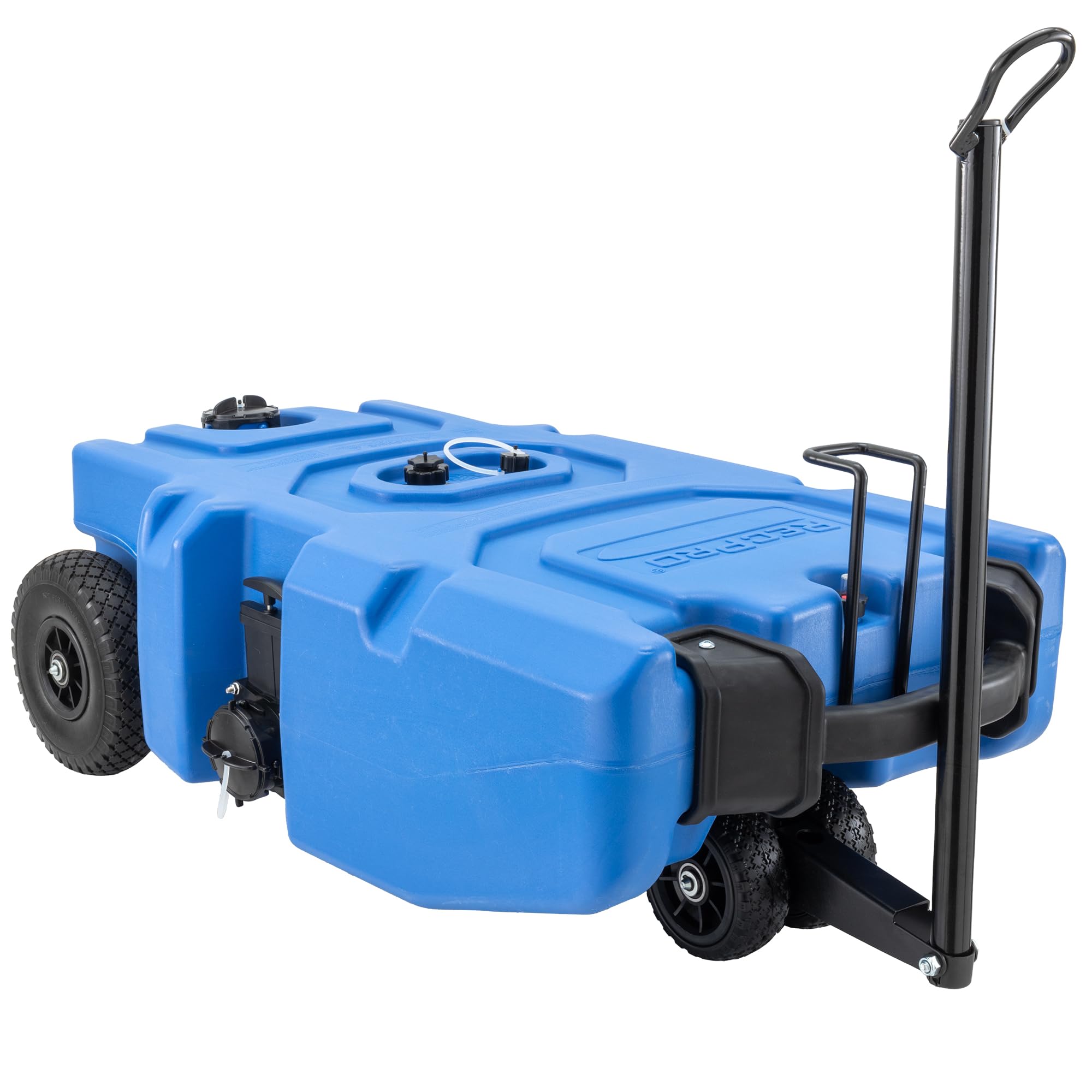 RecPro RV 36 Gallon Portable Waste Tank with Airless No-Flat Tires - Blue RV Waste Holding Tank with Capacity Indicator & Included Gloves - Perfect for Camping, RV Trips & Off-Grid Living