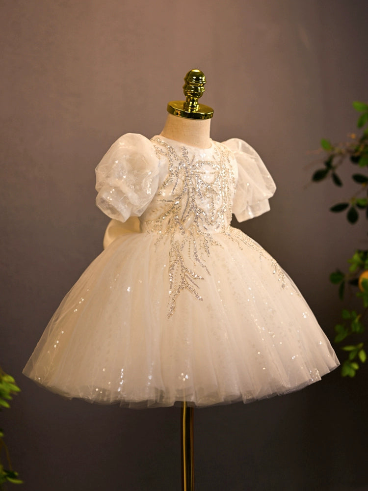 White Princess Round Tea Length Tulle Flower Girl Dress - Perfect for Weddings, Birthday Parties & Special Occasions