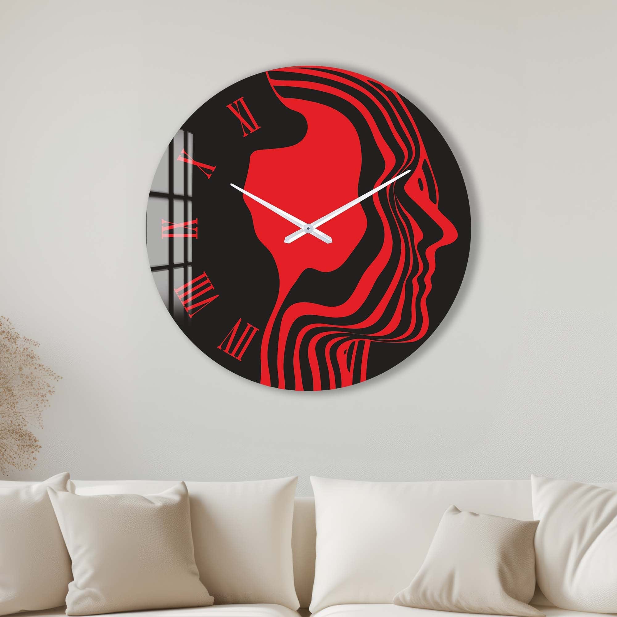 Stylish Red Silhouette Glass Wall Clock - Elegant Home & Office Decor for Living Room, Bedroom, Kitchen | Silent Non-Ticking Modern Design