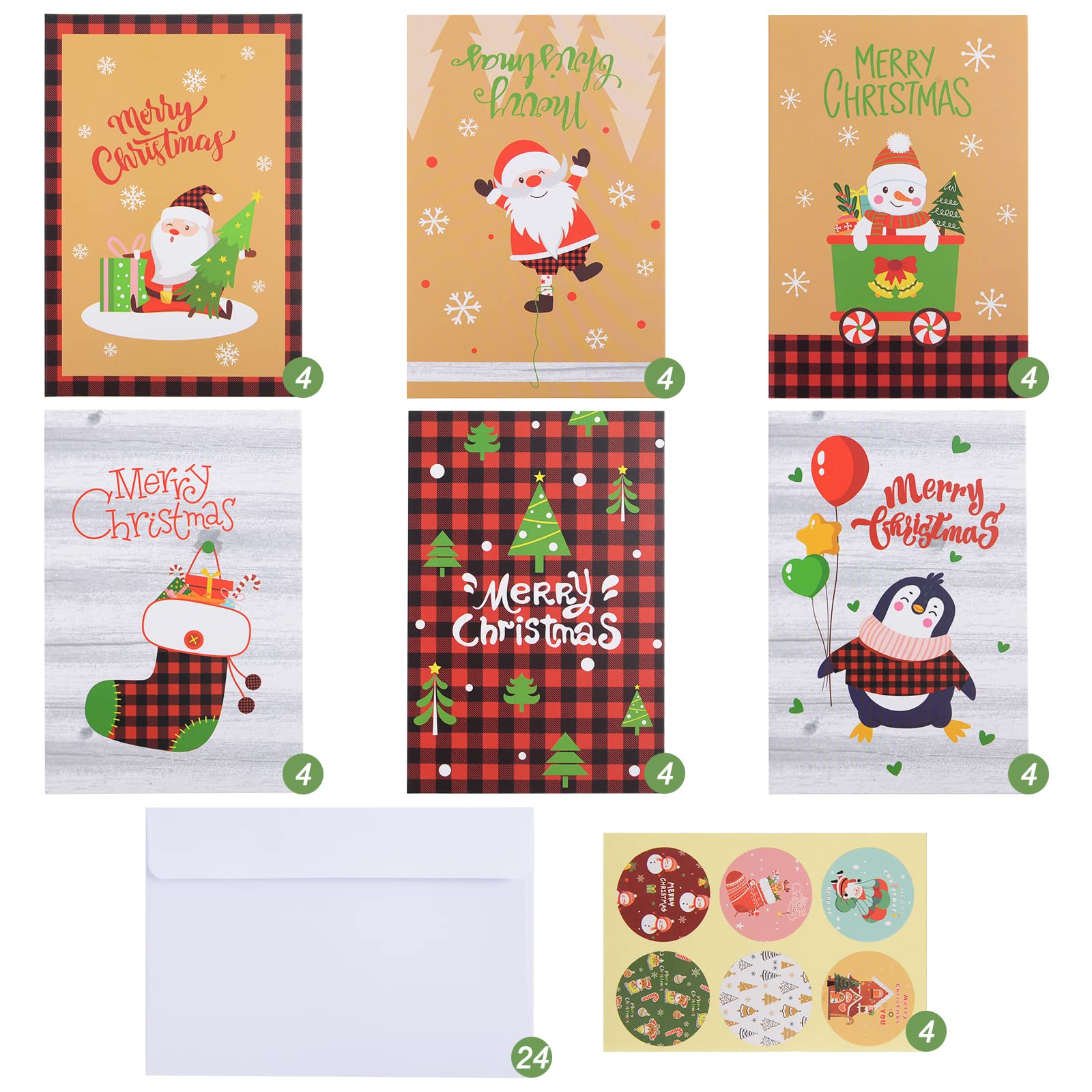 OXISI 24 Pack Christmas Cards with Envelopes & Stickers - Bulk Holiday Greeting Cards for Kids (4x6 Inch, 6 Cute Designs) - Perfect for Classroom Exchanges, Family Gifts & Christmas Party Favors