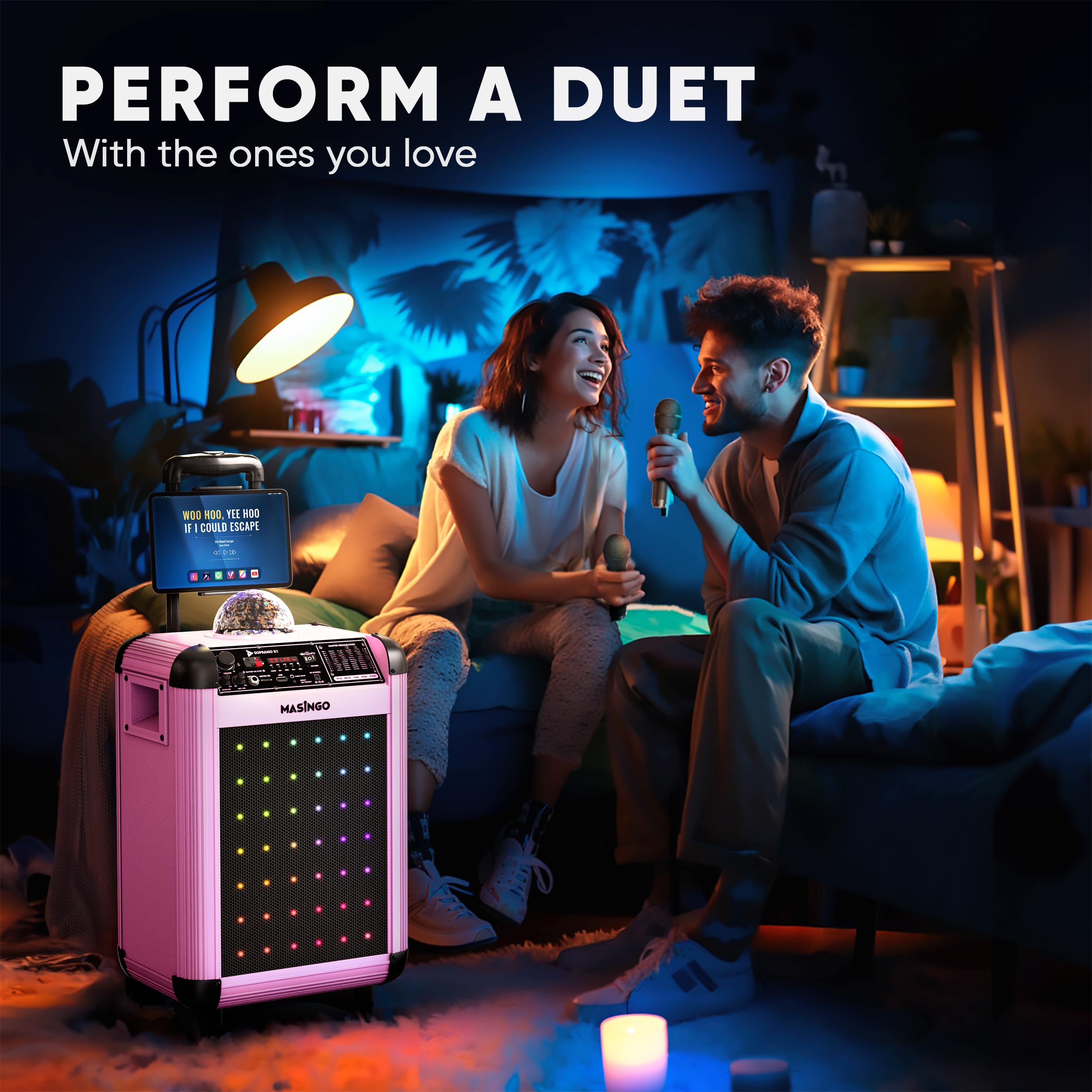 MASINGO X1 Karaoke Machine with Bluetooth Wireless Microphones - Portable PA Speaker System with Disco Lights, Lyrics Display & TV Cable for Home Parties, Family Gatherings & Kids Entertainment (Soprano X1 Model)