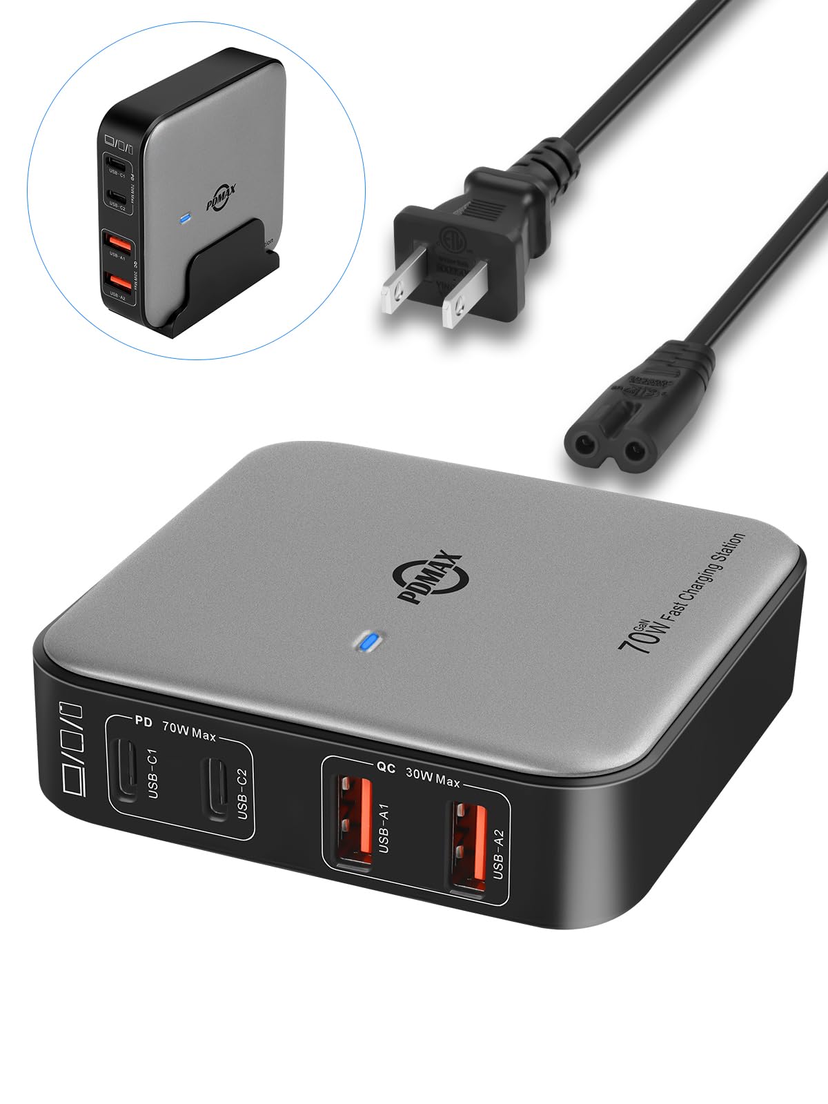 PDMAX 4-Port USB C Charger Station - 70W Dual USB C PD 3.0 & 30W Dual USB-A QC 3.0 Fast Charger - Compatible with iPhone 16 Pro Max, Samsung S24, iPad, MacBook - Perfect for Home, Office & Travel Charging Needs