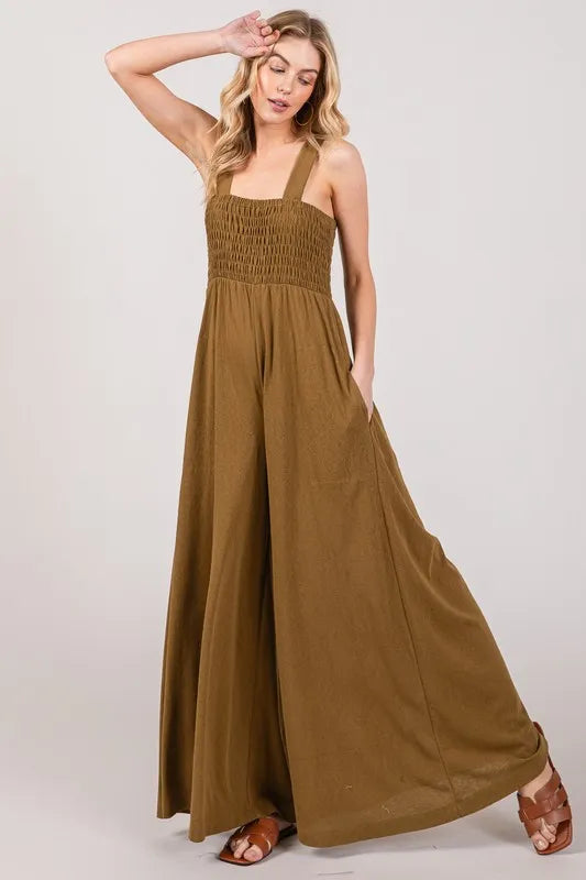 Olive Green Flowy Wide Leg Jumpsuit for Women - Boho Chic Romper with Pockets | Perfect for Summer Outfits, Beach Vacations & Casual Wear