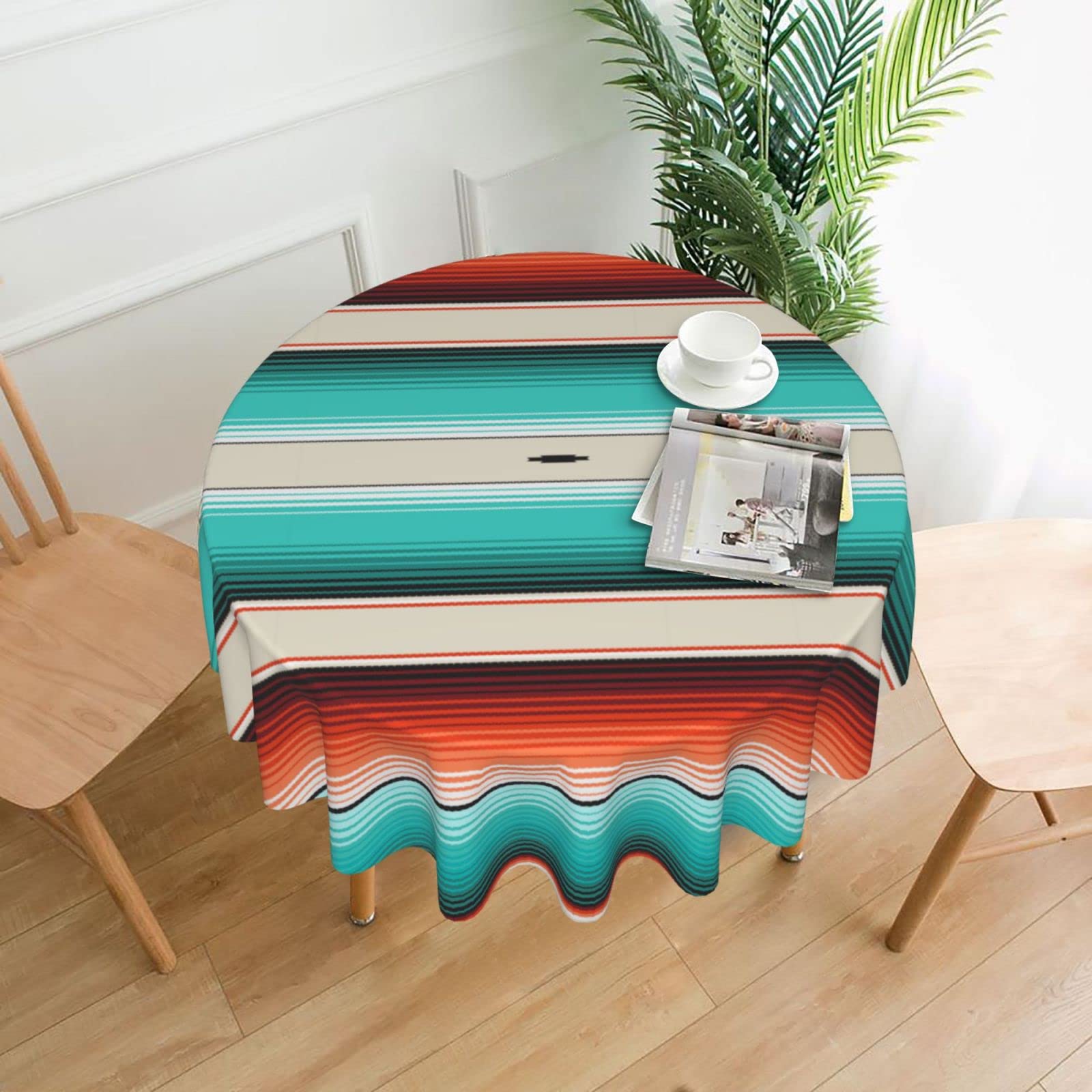 60 Inch Waterproof Round Tablecloth - Turquoise, Orange, Navajo White Stripes Mexican Design for Outdoor Patio, Party, Picnic, Wedding & Indoor Kitchen Dinner Decor | Durable & Stylish Table Cover