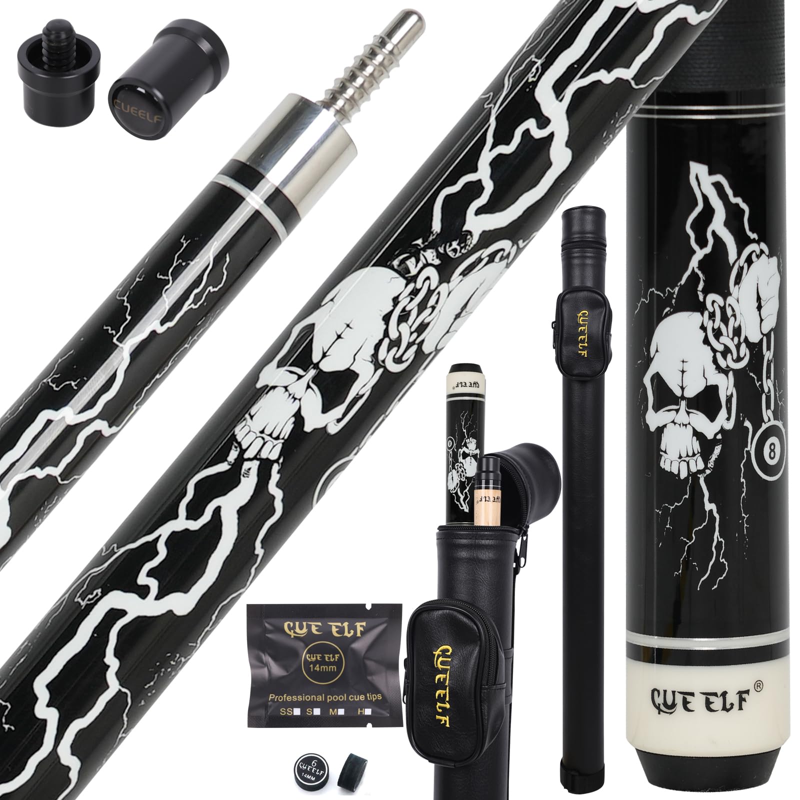 Professional Pool Cue Stick with Low Deflection 13mm Shaft - Skull Design Hardwood Canadian Maple Billiard Cue with Black Tip | Perfect for Tournament Play & Home Game Rooms