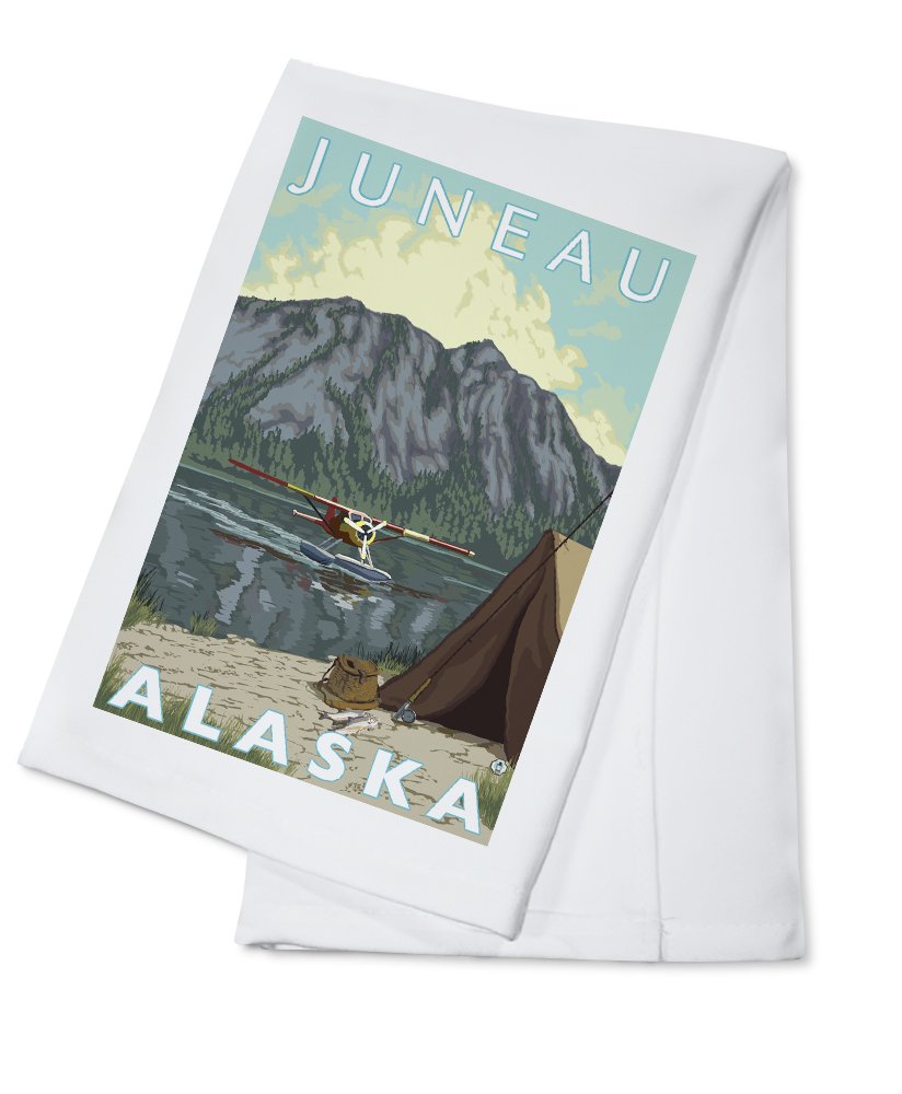 Lantern Press Juneau Alaska Bush Plane and Fishing 100% Cotton Tea Towel - Decorative Hand Towel for Kitchen, Home Decor, Dish Drying & Gift Giving