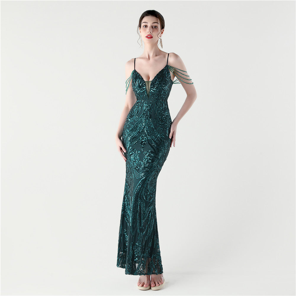 2025 New Hot Trade Banquet Muse Positioning Flower Sequins Nail Beads - Deep V Design Fish Tail Slim Evening Dress for Prom, Wedding & Special Occasions