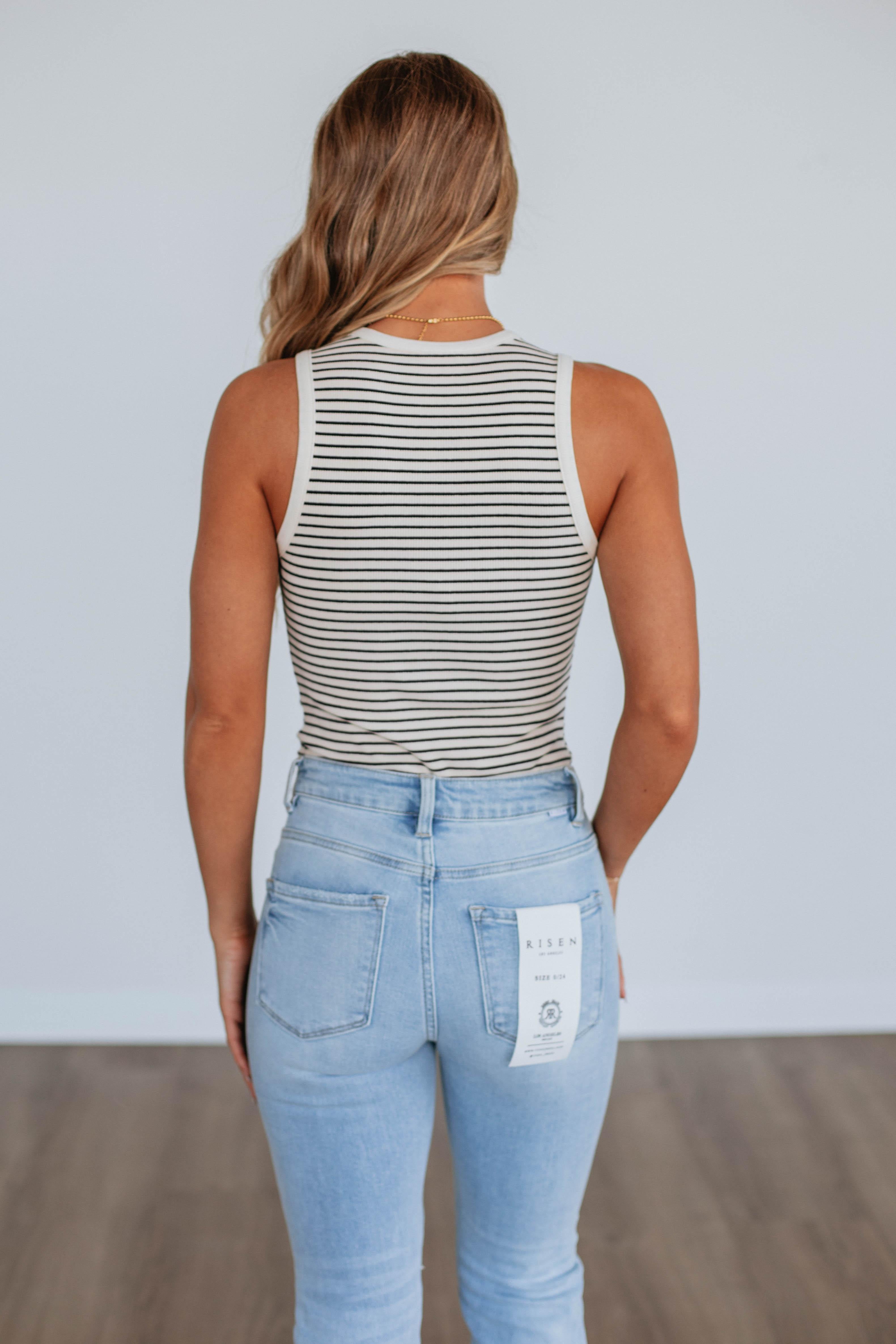 April Striped Bodysuit for Women - Black & White Mix Pattern - Stretchy Comfort Fit - Perfect for Layering, Casual Wear & Date Nights