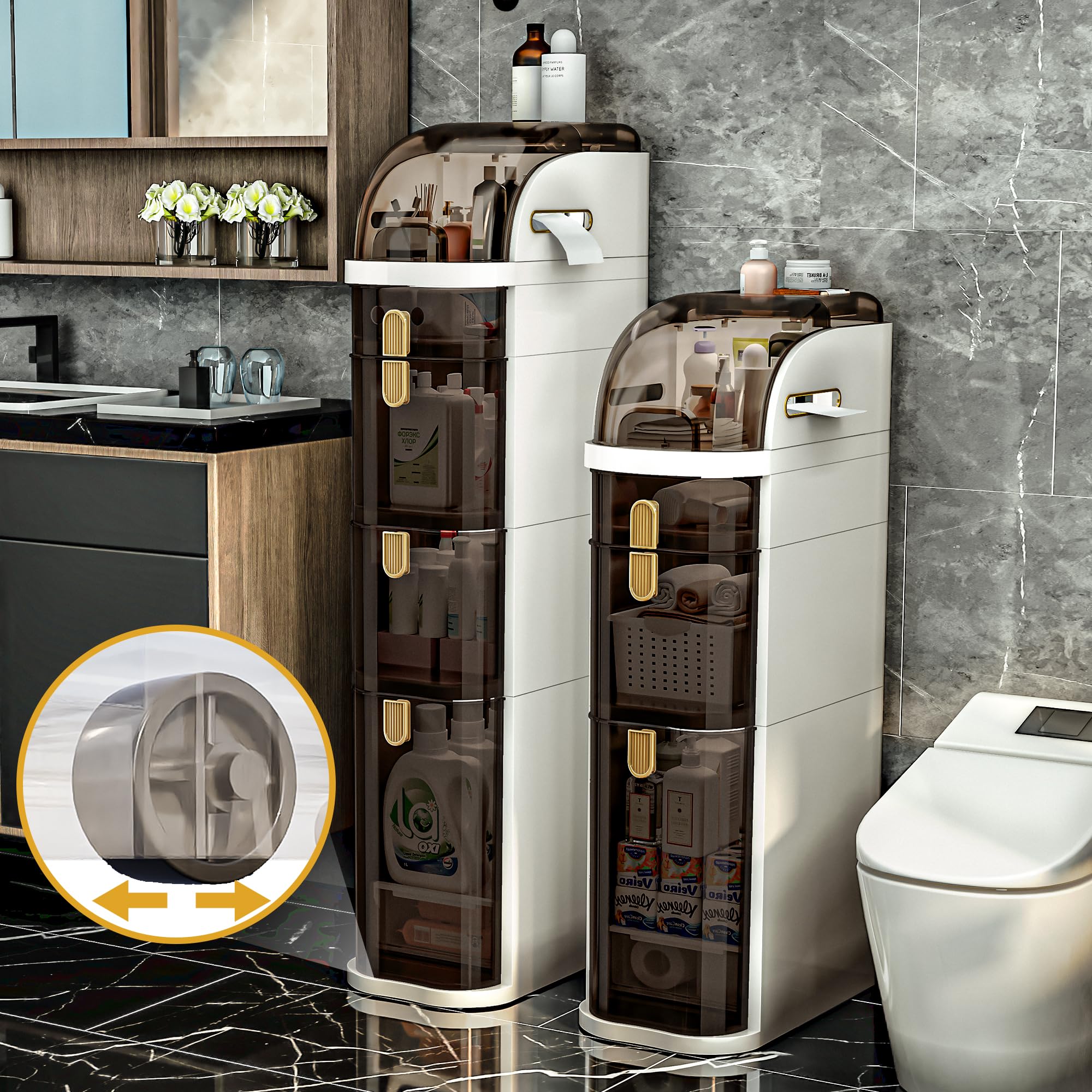 3-Tier Slim Bathroom Storage Cabinet with Drawers & Tissue Box - Plastic Narrow Rolling Tower Cart, Waterproof & No Assembly Needed - Perfect for Small Spaces in Bathroom, Kitchen, Laundry & Living Room Organization