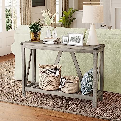 Farmhouse Style Wooden Entryway Console Table with Shelves - Rustic Sofa Table for Living Room, Hallway & Foyer - Perfect for Home Decor, Storage & Display