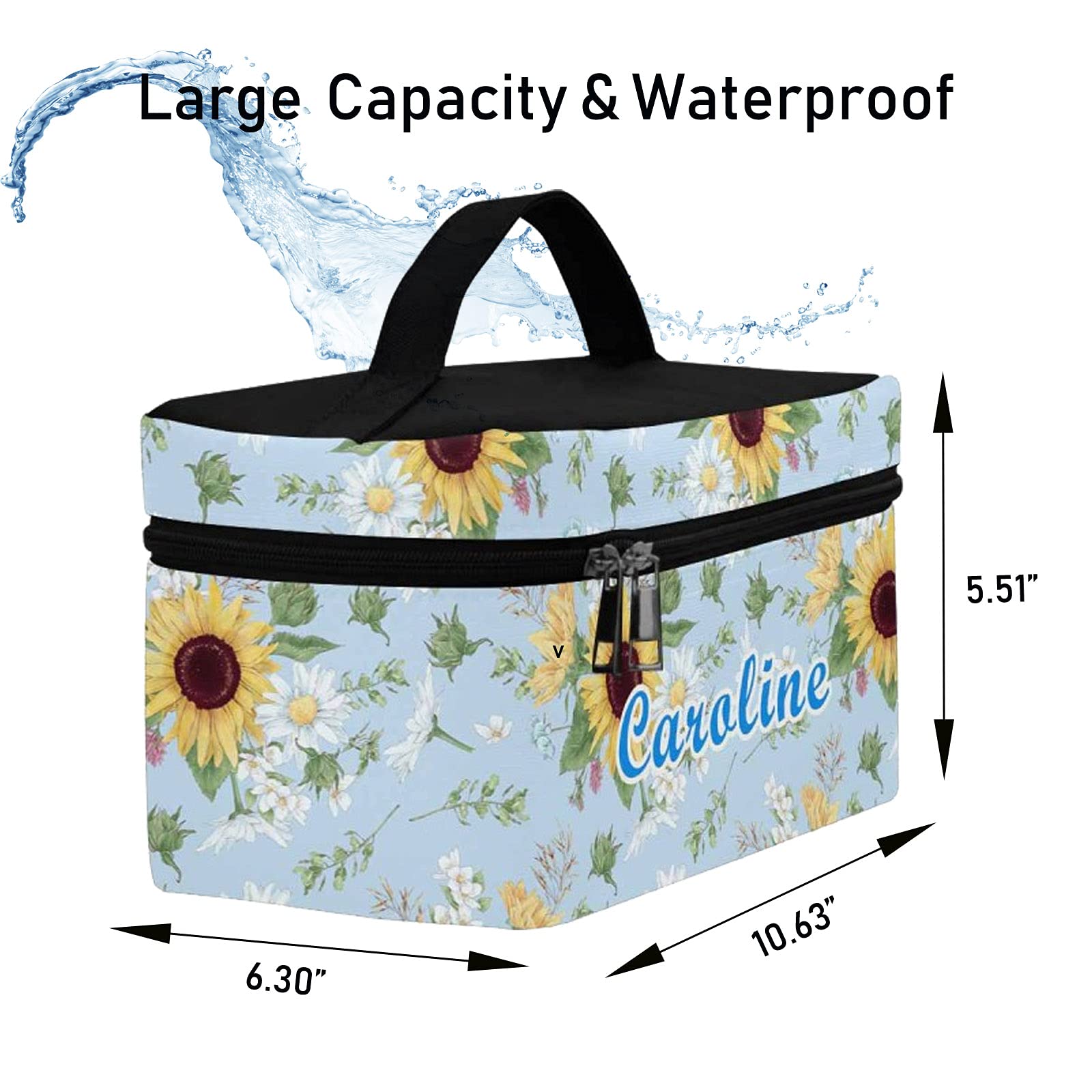 Personalized Waterproof Makeup Bag for Women Travel & Toiletry - Blue Sunflower Design