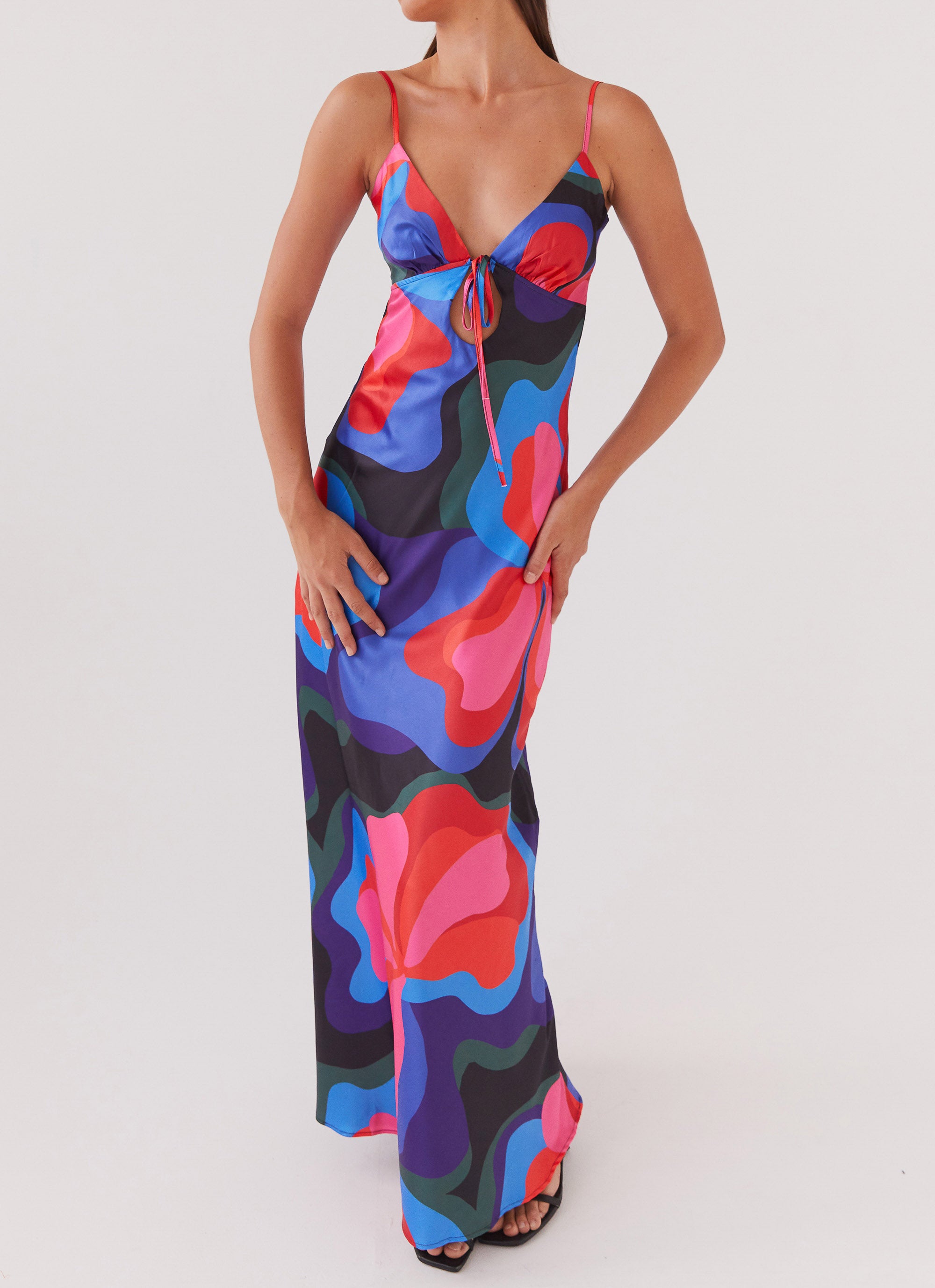 Flora Satin Maxi Dress - Floral Fantasy Women's Elegant Long Dress for Summer, Beach, Weddings & Special Occasions