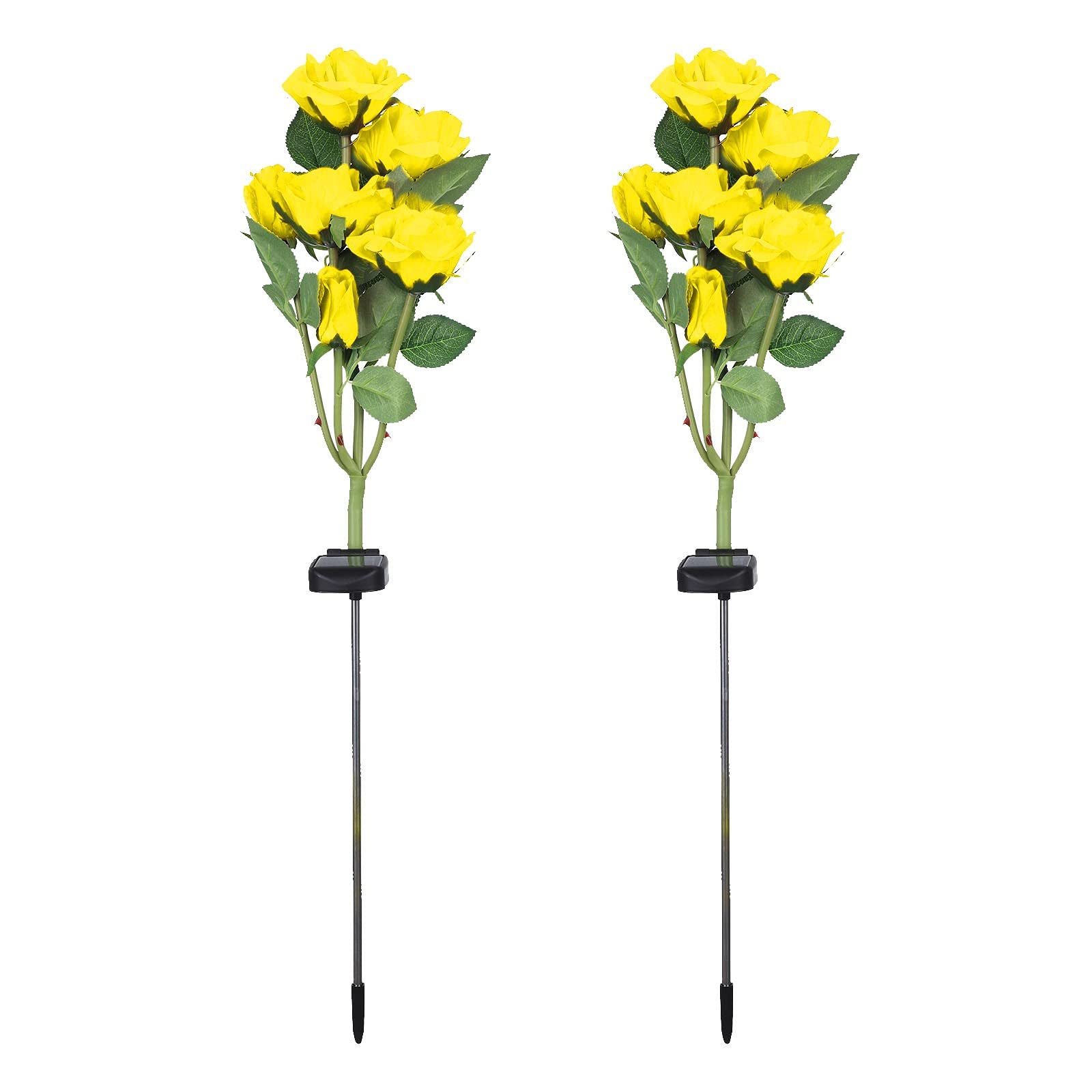2 Pack Solar Powered LED Rose Flowers with 6 Bright Lights - Waterproof Garden Decor for Outdoor Pathway, Yard, Patio (Yellow)