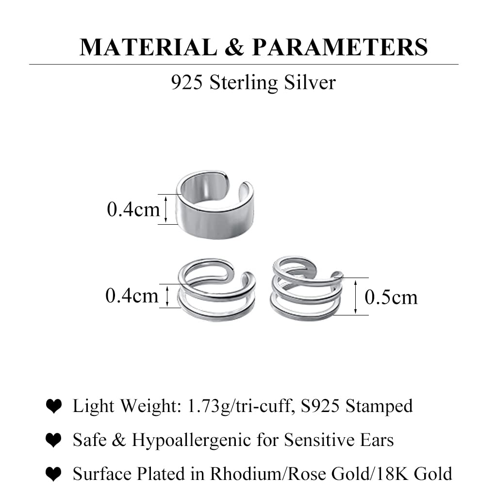 SLUYNZ Solid 925 Sterling Silver No-Piercing Ear Cuff Earrings for Women & Men - Cartilage, Helix, Tri Ear Cuffs - Perfect for Parties, Weddings & Everyday Wear